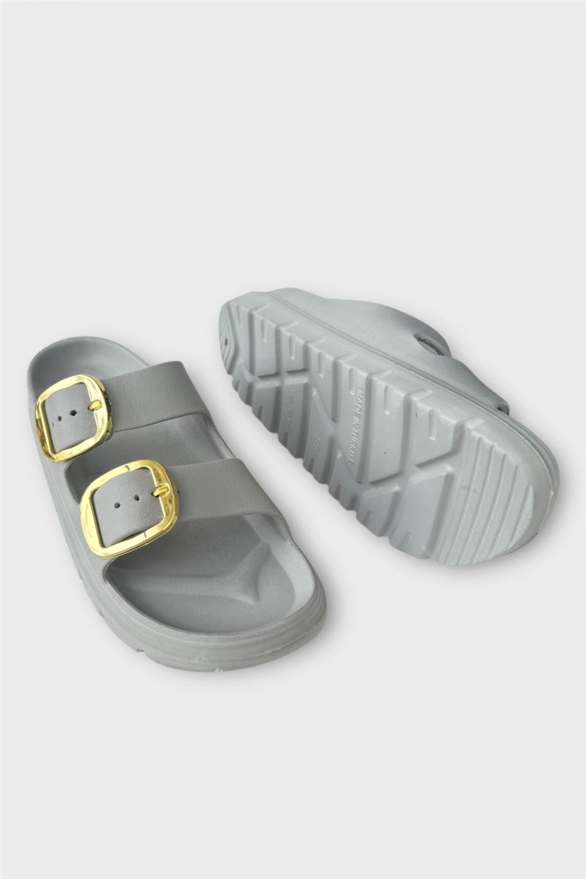 Yüksek Taban Tokalı Şık Kadın Terlik GRİ - Görsel 9
