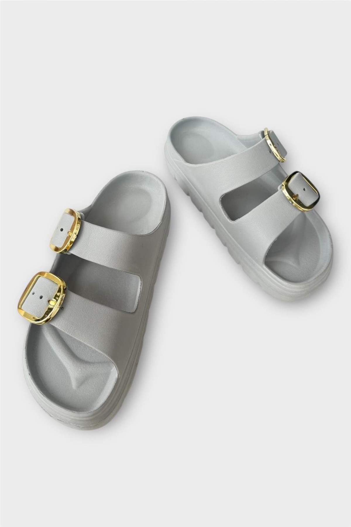 Yüksek Taban Tokalı Şık Kadın Terlik GRİ - Görsel 10