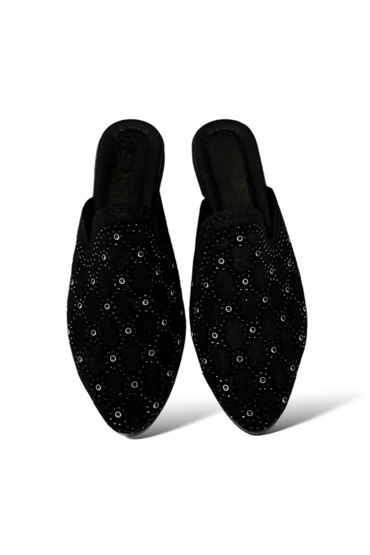 Süet Sivri Burun Taş Tasarımlı Kadın Terlik SİYAH - ALTIN - Görsel 5