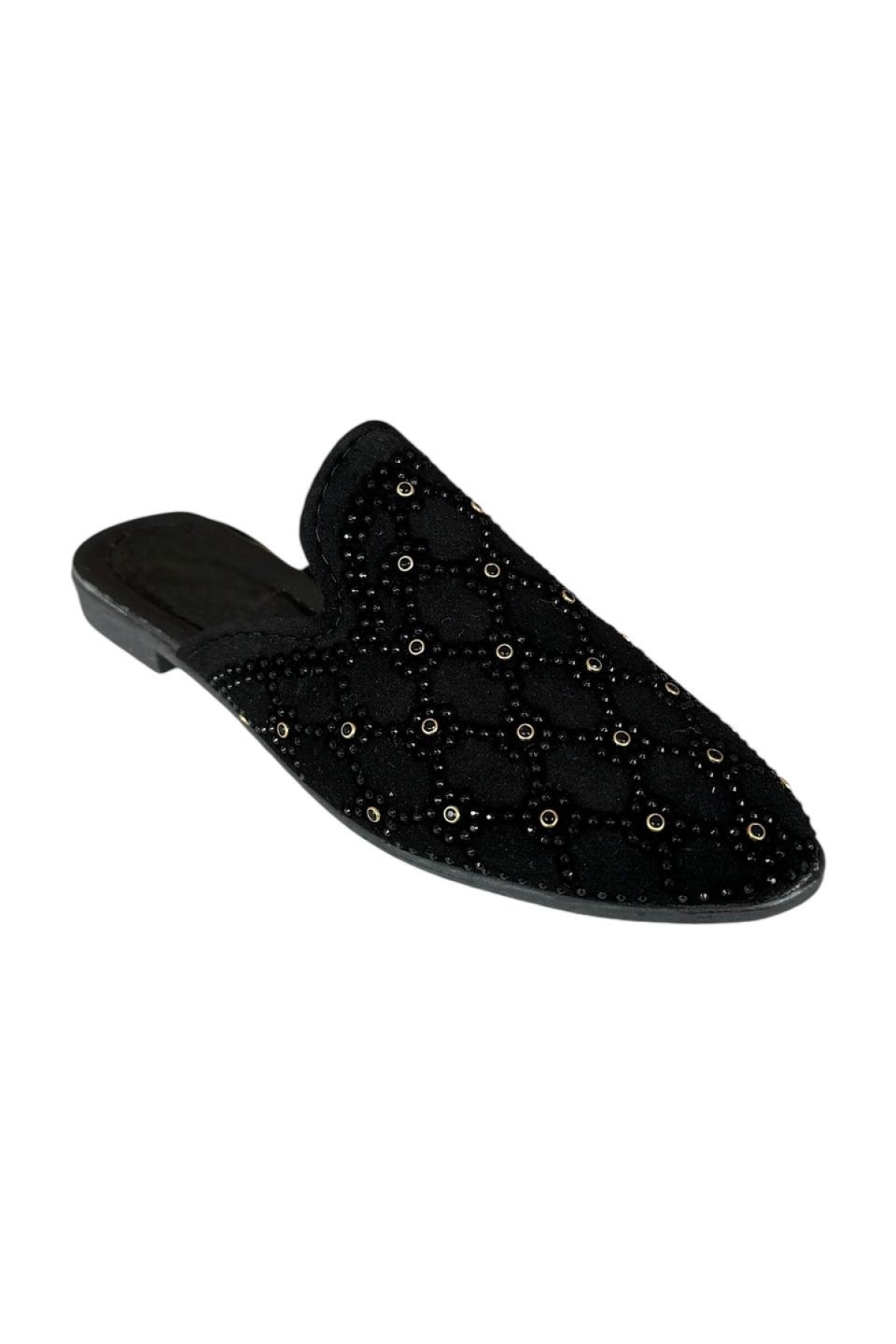 Süet Sivri Burun Taş Tasarımlı Kadın Terlik SİYAH - ALTIN - Görsel 7
