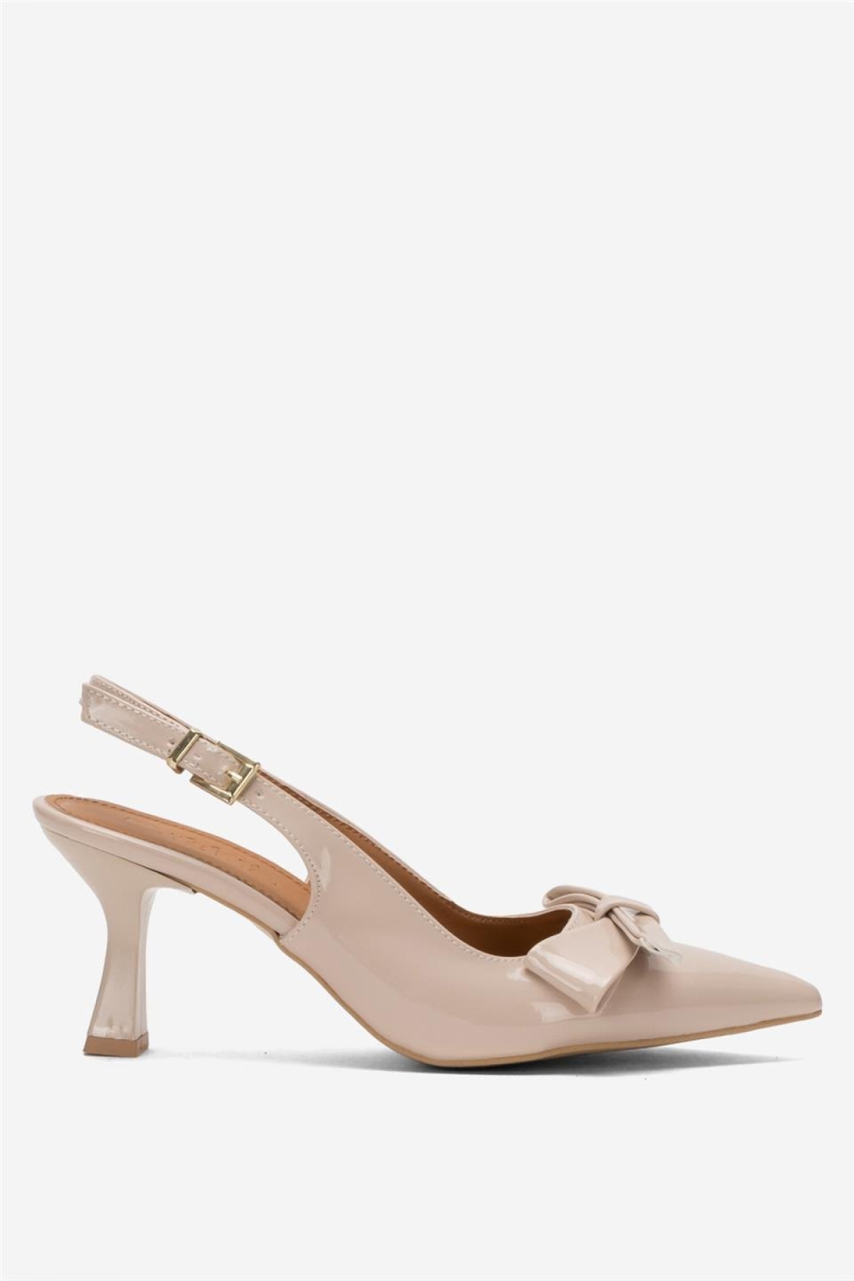 Kadın Fiyonk Tokalı Sivri Burun Arkası Açık 8 Cm Topuklu Ayakkabı BEJ - Görsel 2
