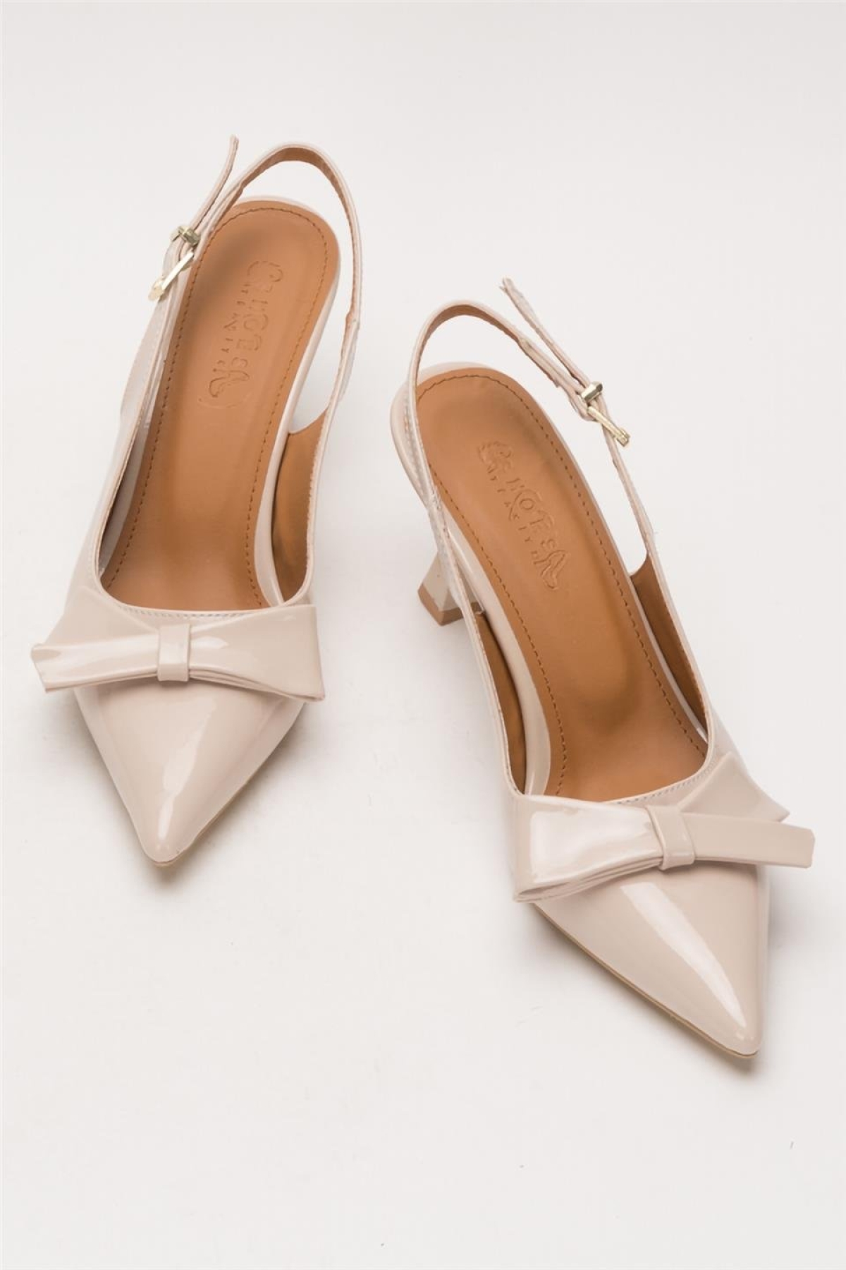 Kadın Fiyonk Tokalı Sivri Burun Arkası Açık 8 Cm Topuklu Ayakkabı BEJ - Görsel 7