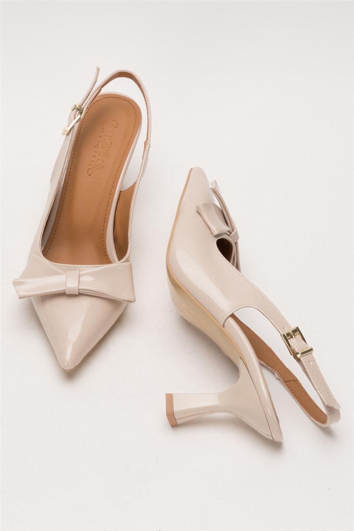 Kadın Fiyonk Tokalı Sivri Burun Arkası Açık 8 Cm Topuklu Ayakkabı BEJ - Görsel 8