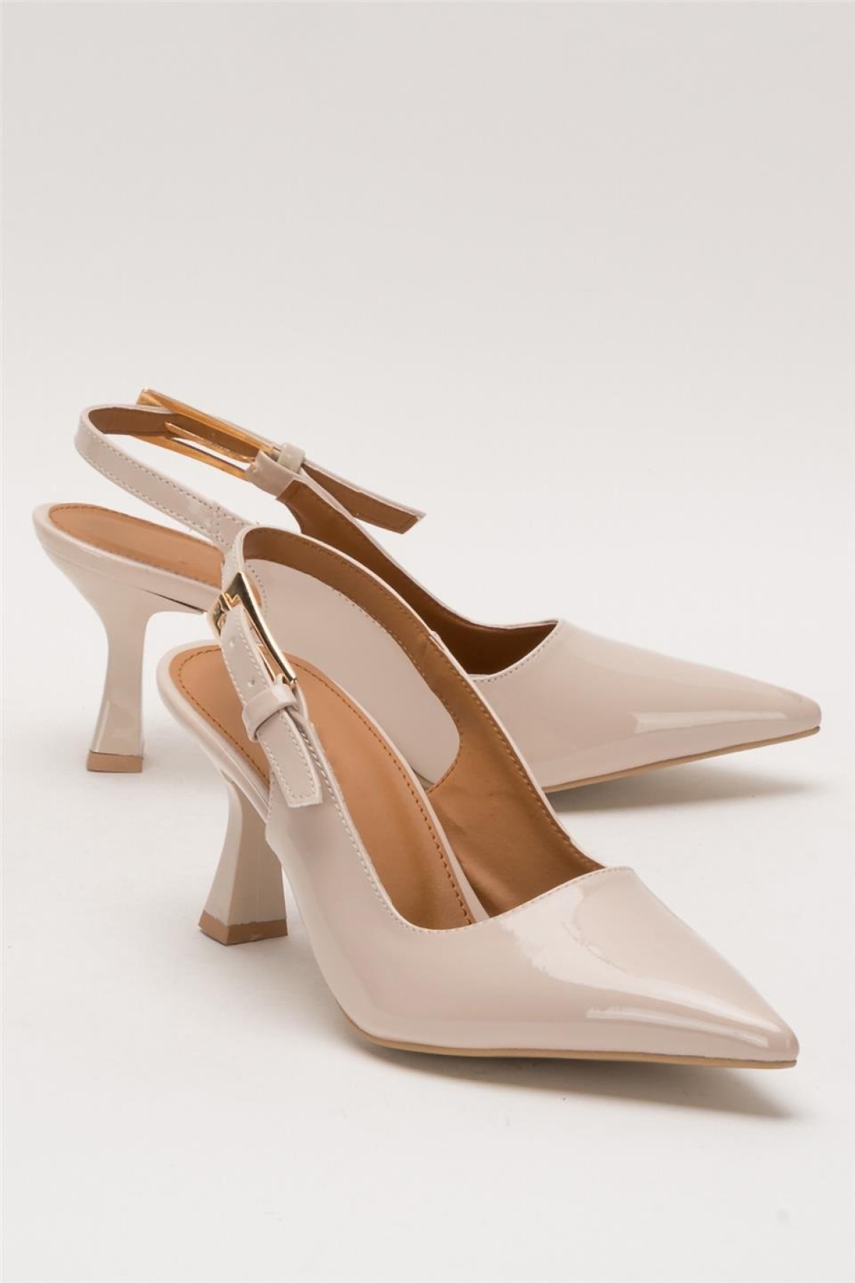 Kadın Sivri Burun Arkası Açık 8 Cm Topuklu Ayakkabı BEJ - Görsel 3