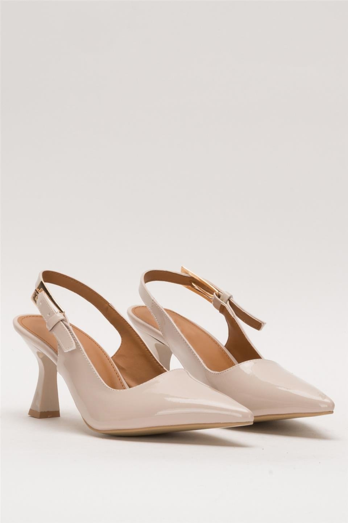 Kadın Sivri Burun Arkası Açık 8 Cm Topuklu Ayakkabı BEJ - Görsel 4