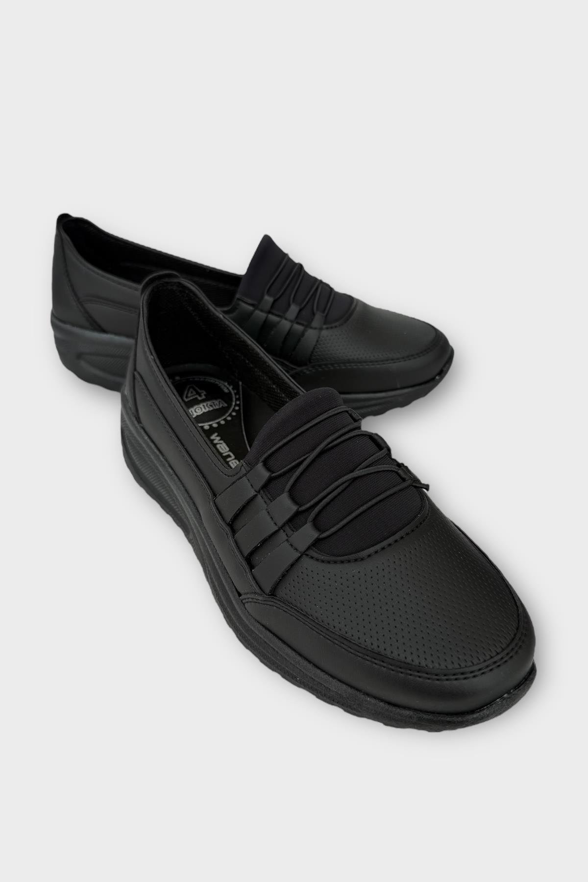 Kadın Ortopedik Taban Spor Bantlı Lastikli Anne Günlük Ayakkabı SİYAH - SİYAH - Görsel 3