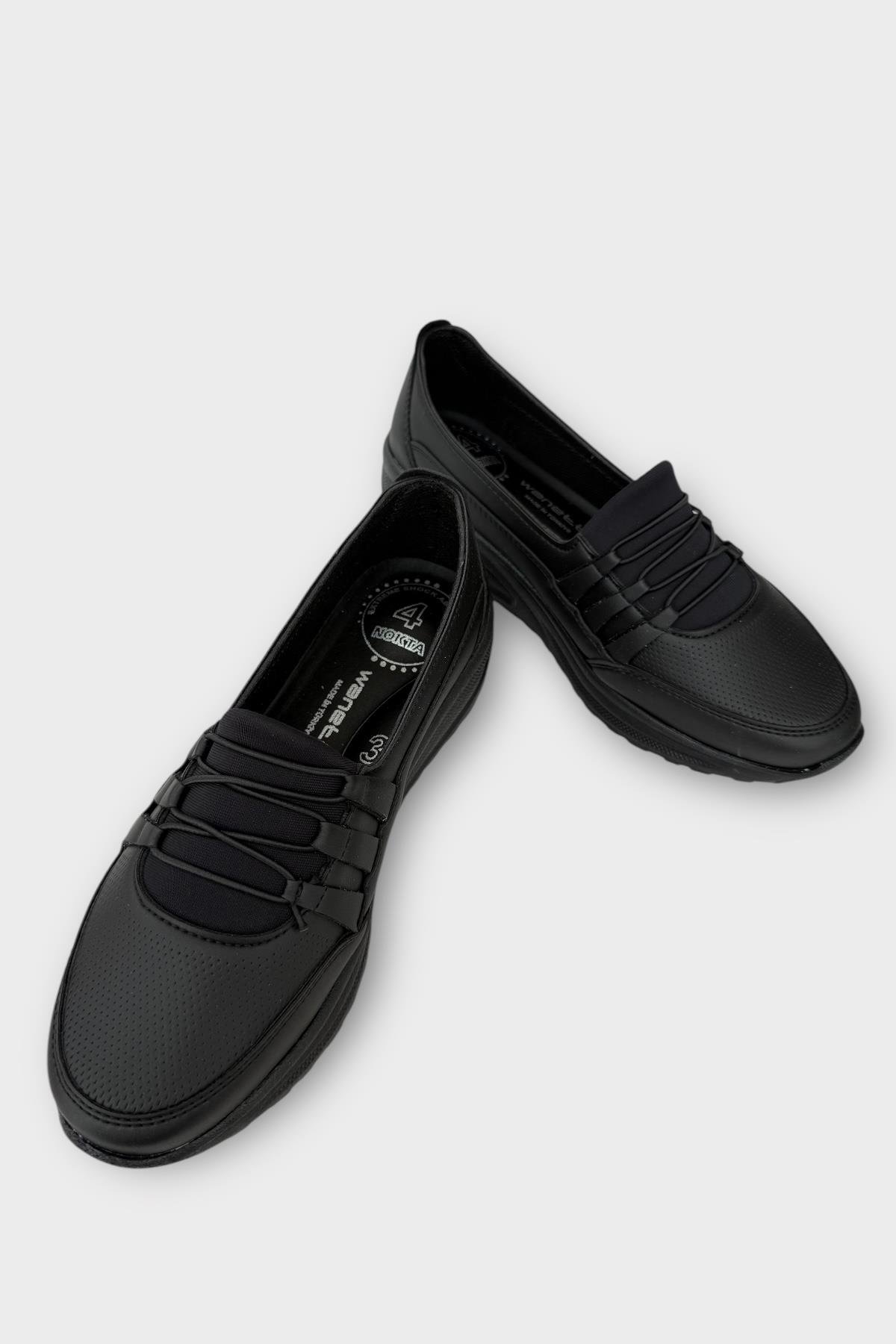 Kadın Ortopedik Taban Spor Bantlı Lastikli Anne Günlük Ayakkabı SİYAH - SİYAH - Görsel 4