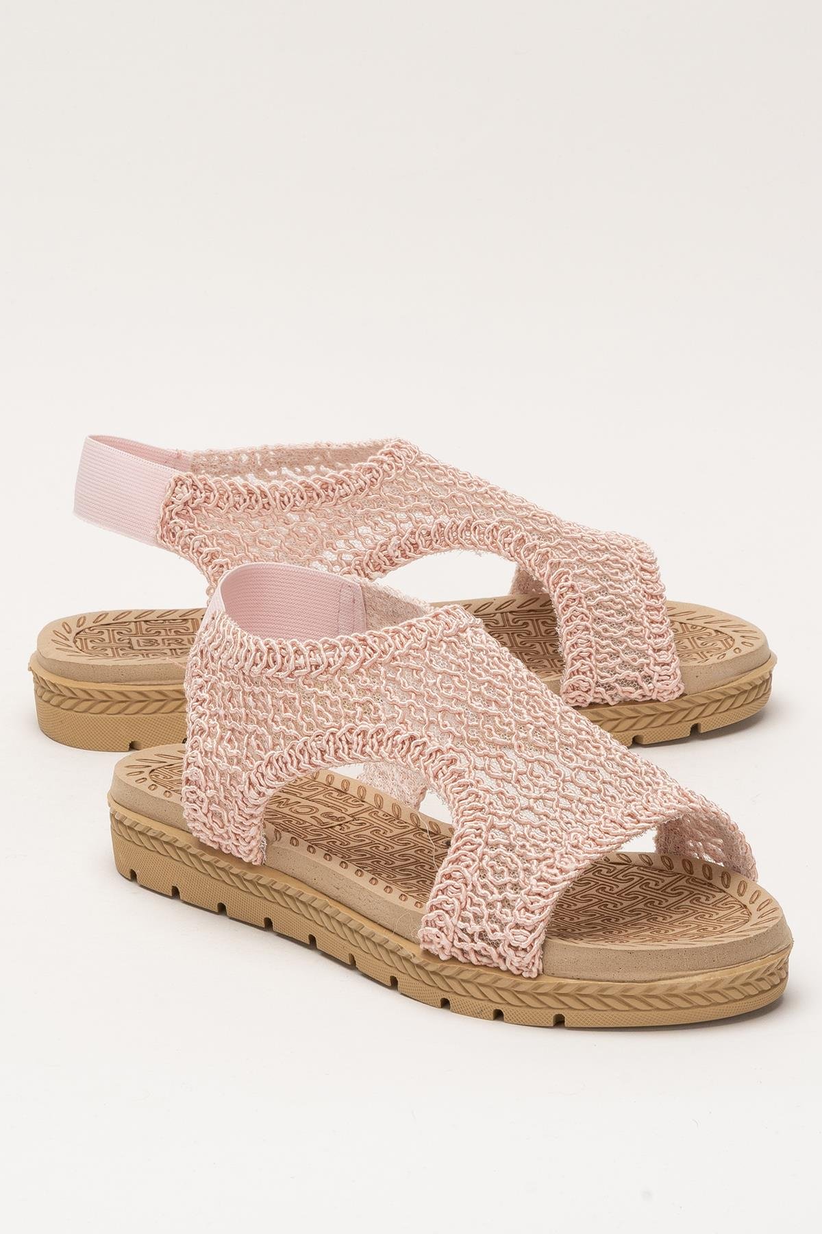 Kadın Önü Açık Örgü Desenli Lastikli Sandalet PUDRA - Görsel 3