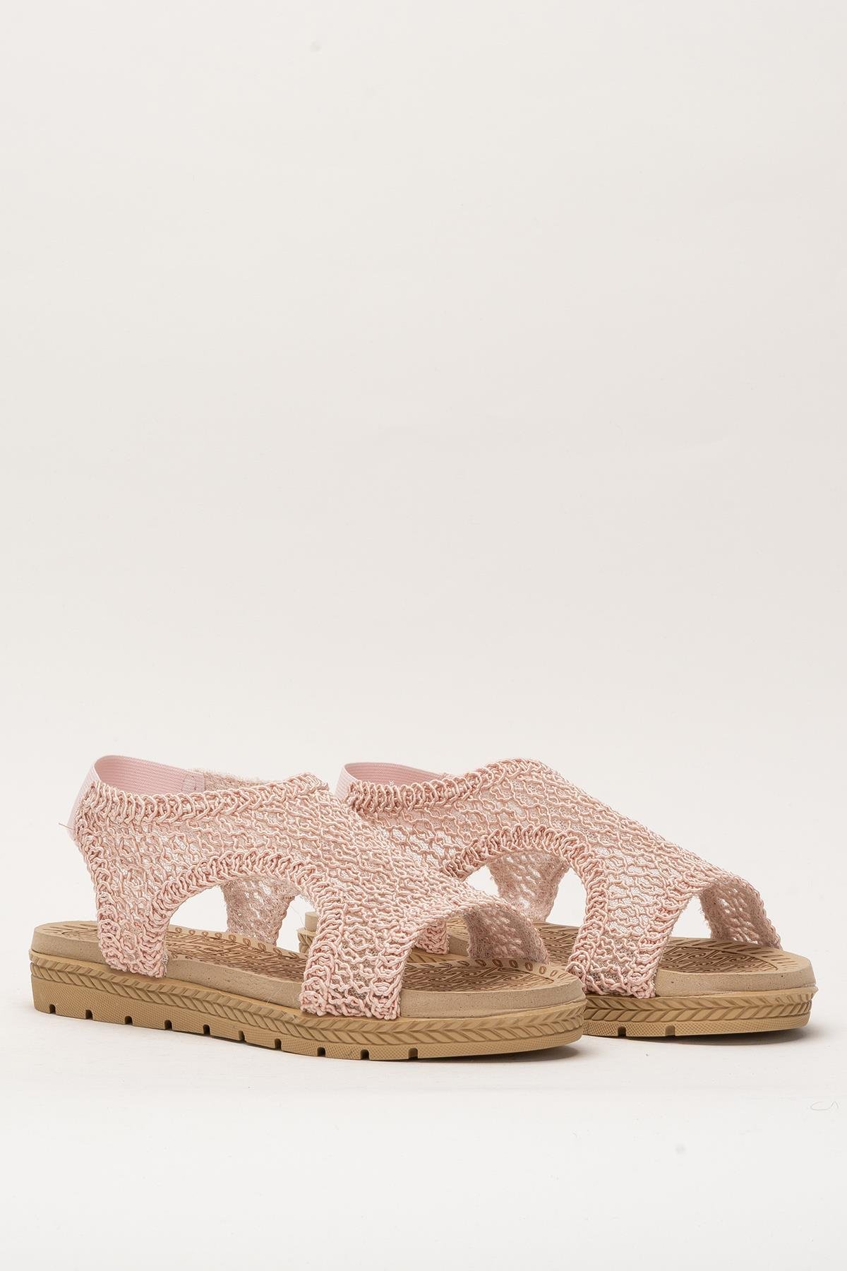 Kadın Önü Açık Örgü Desenli Lastikli Sandalet PUDRA - Görsel 4