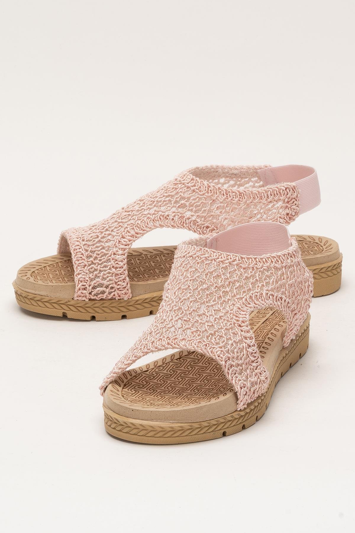 Kadın Önü Açık Örgü Desenli Lastikli Sandalet PUDRA - Görsel 6