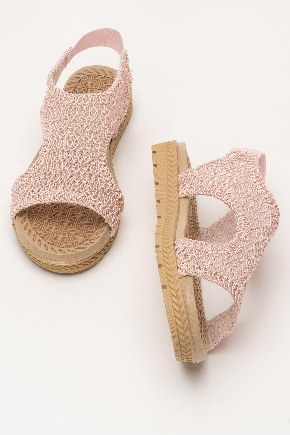 Kadın Önü Açık Örgü Desenli Lastikli Sandalet PUDRA - Görsel 8