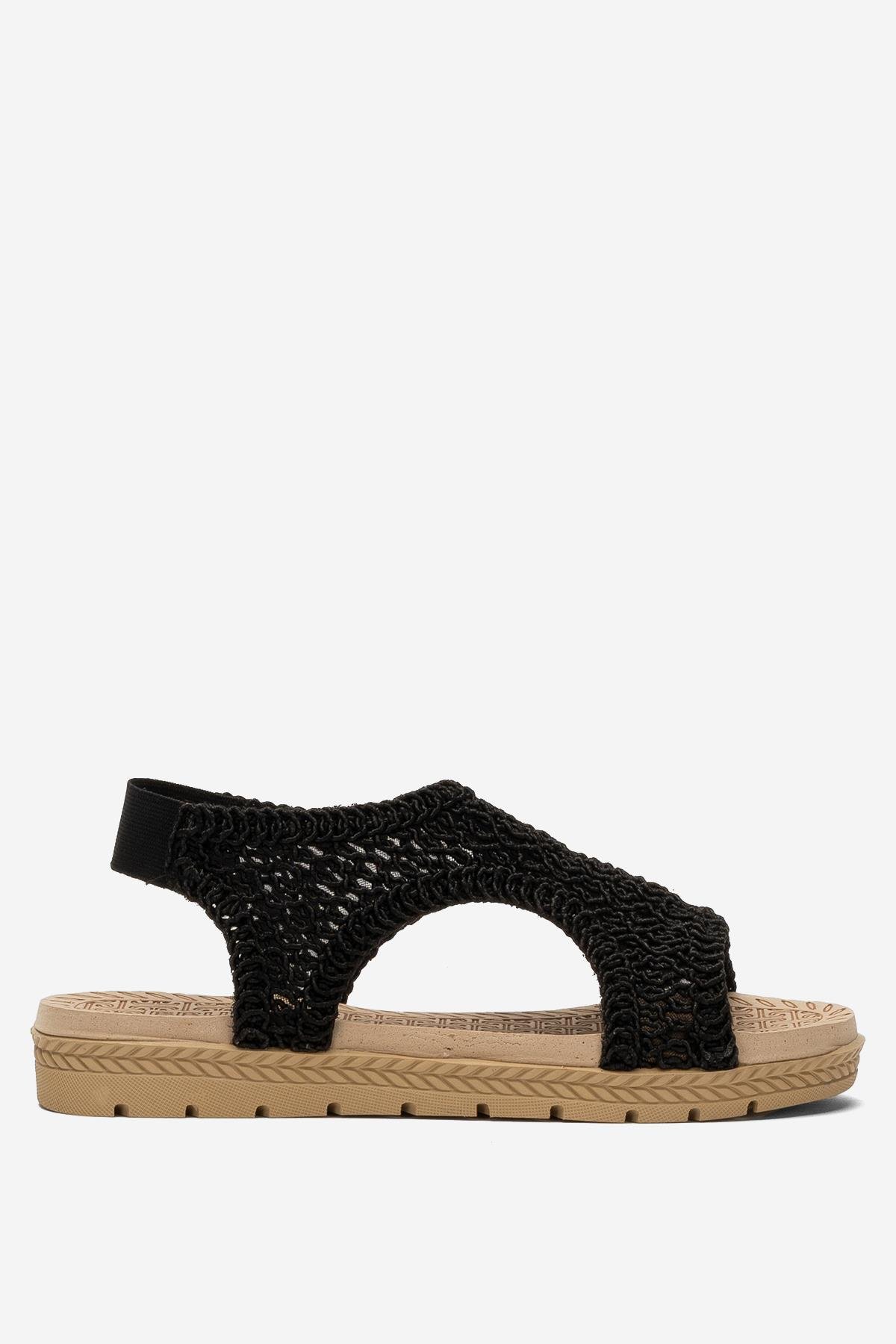 Kadın Önü Açık Örgü Desenli Lastikli Sandalet SİYAH - Görsel 2