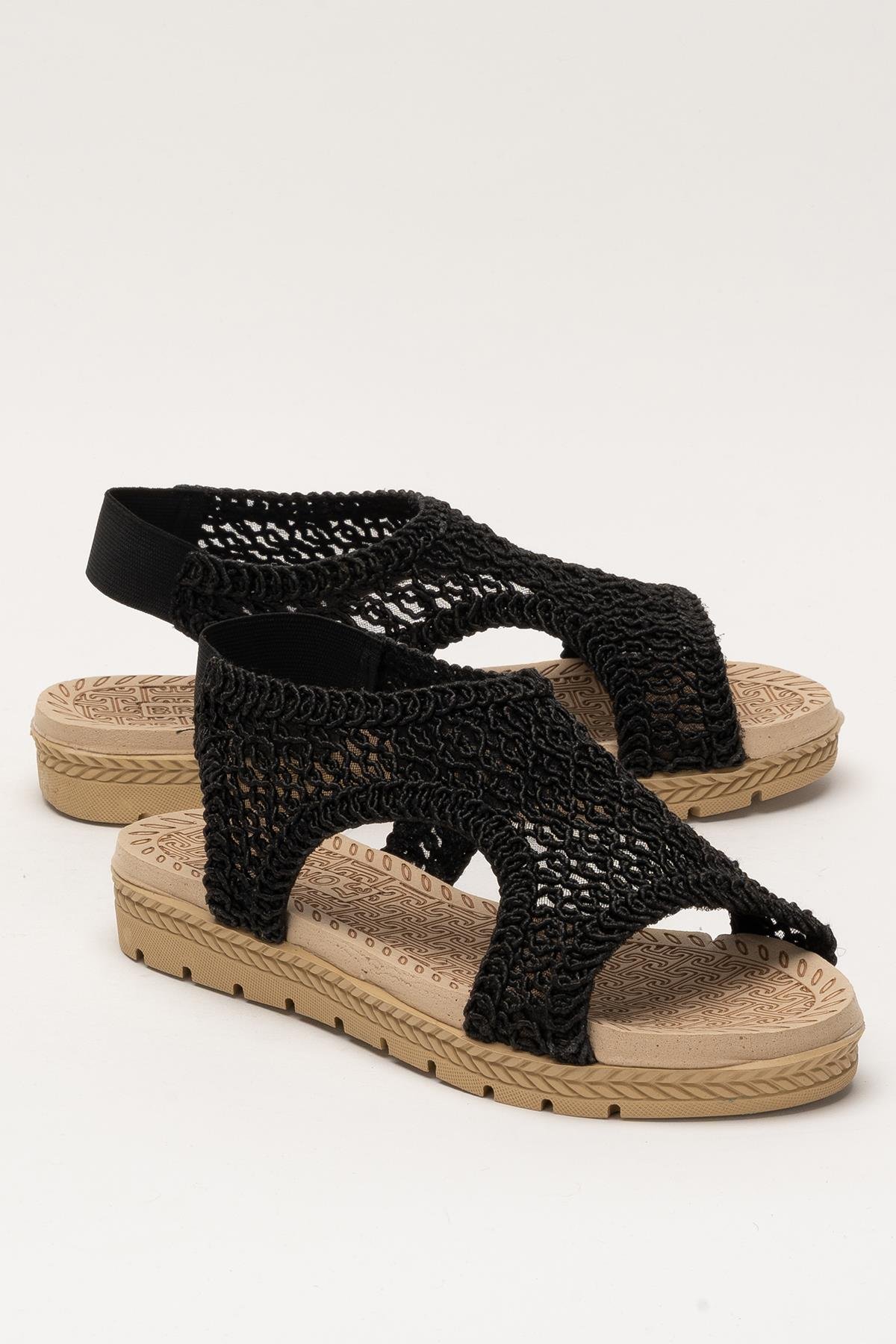 Kadın Önü Açık Örgü Desenli Lastikli Sandalet SİYAH - Görsel 3