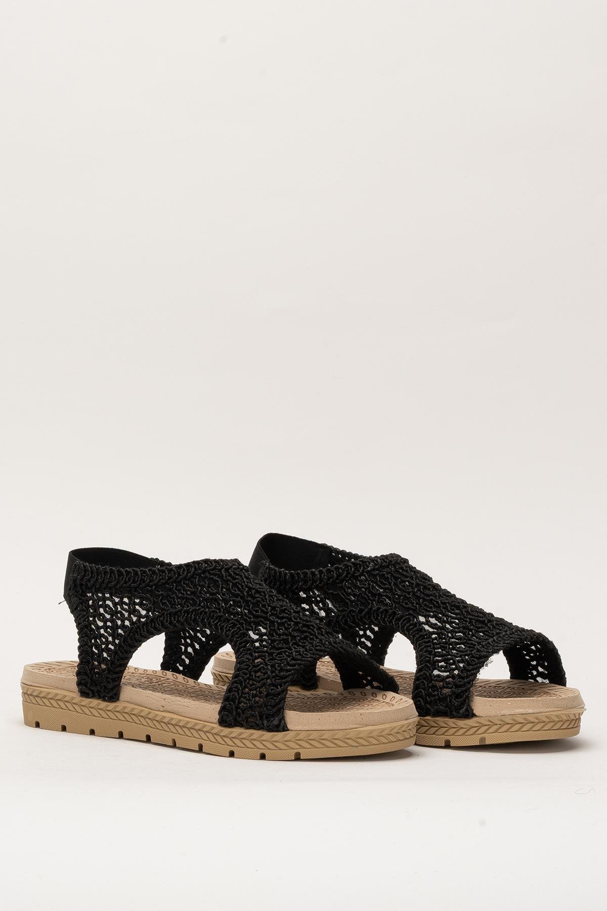 Kadın Önü Açık Örgü Desenli Lastikli Sandalet SİYAH - Görsel 4
