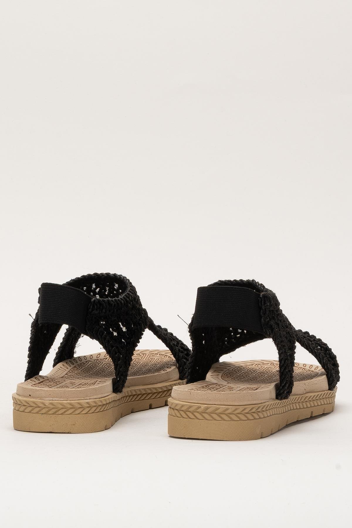 Kadın Önü Açık Örgü Desenli Lastikli Sandalet SİYAH - Görsel 5
