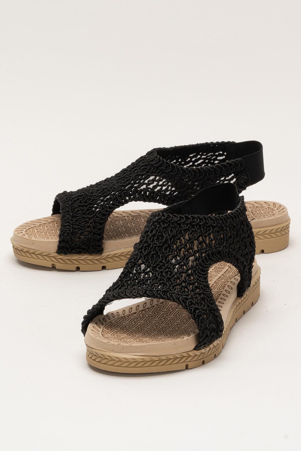 Kadın Önü Açık Örgü Desenli Lastikli Sandalet SİYAH - Görsel 6
