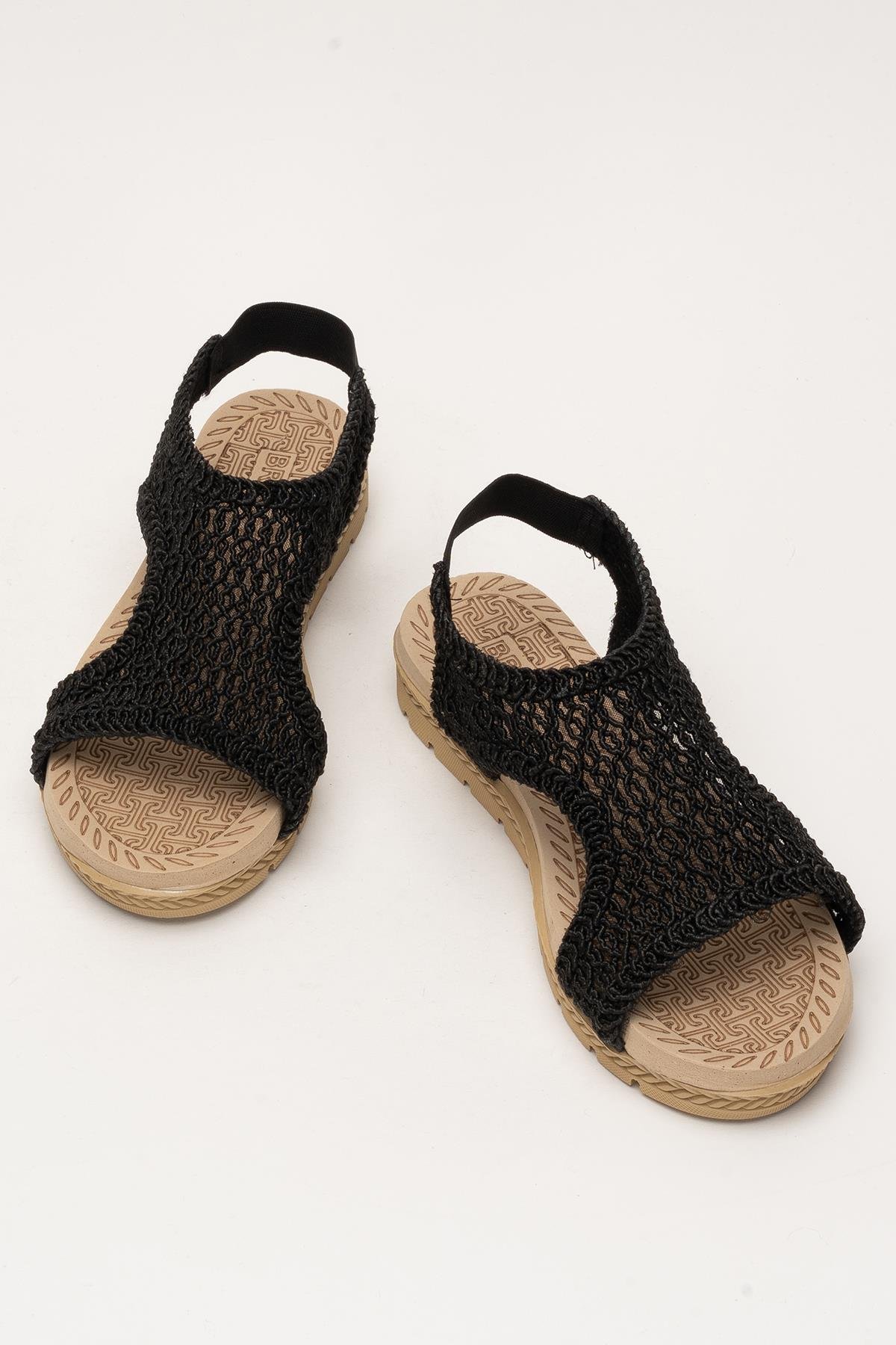 Kadın Önü Açık Örgü Desenli Lastikli Sandalet SİYAH - Görsel 7