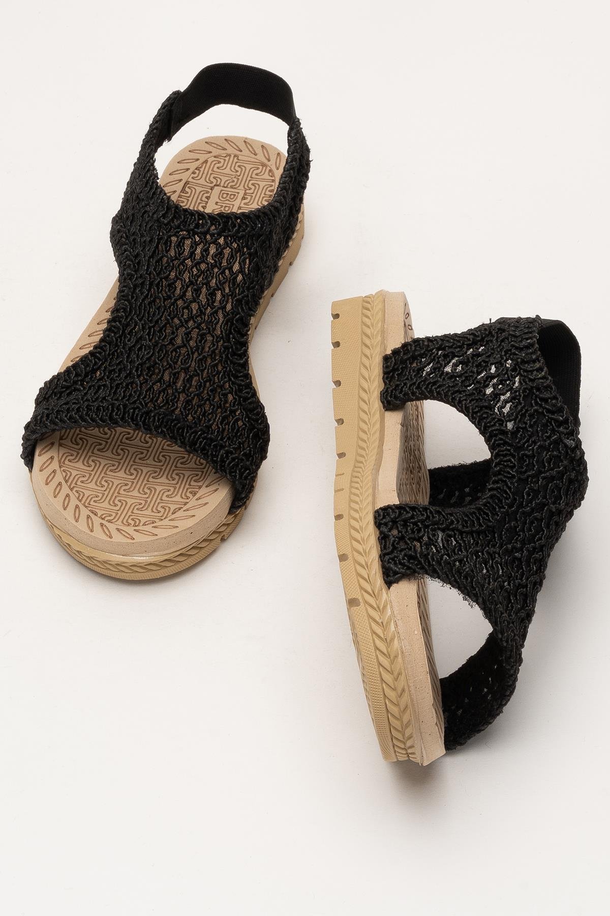 Kadın Önü Açık Örgü Desenli Lastikli Sandalet SİYAH - Görsel 8