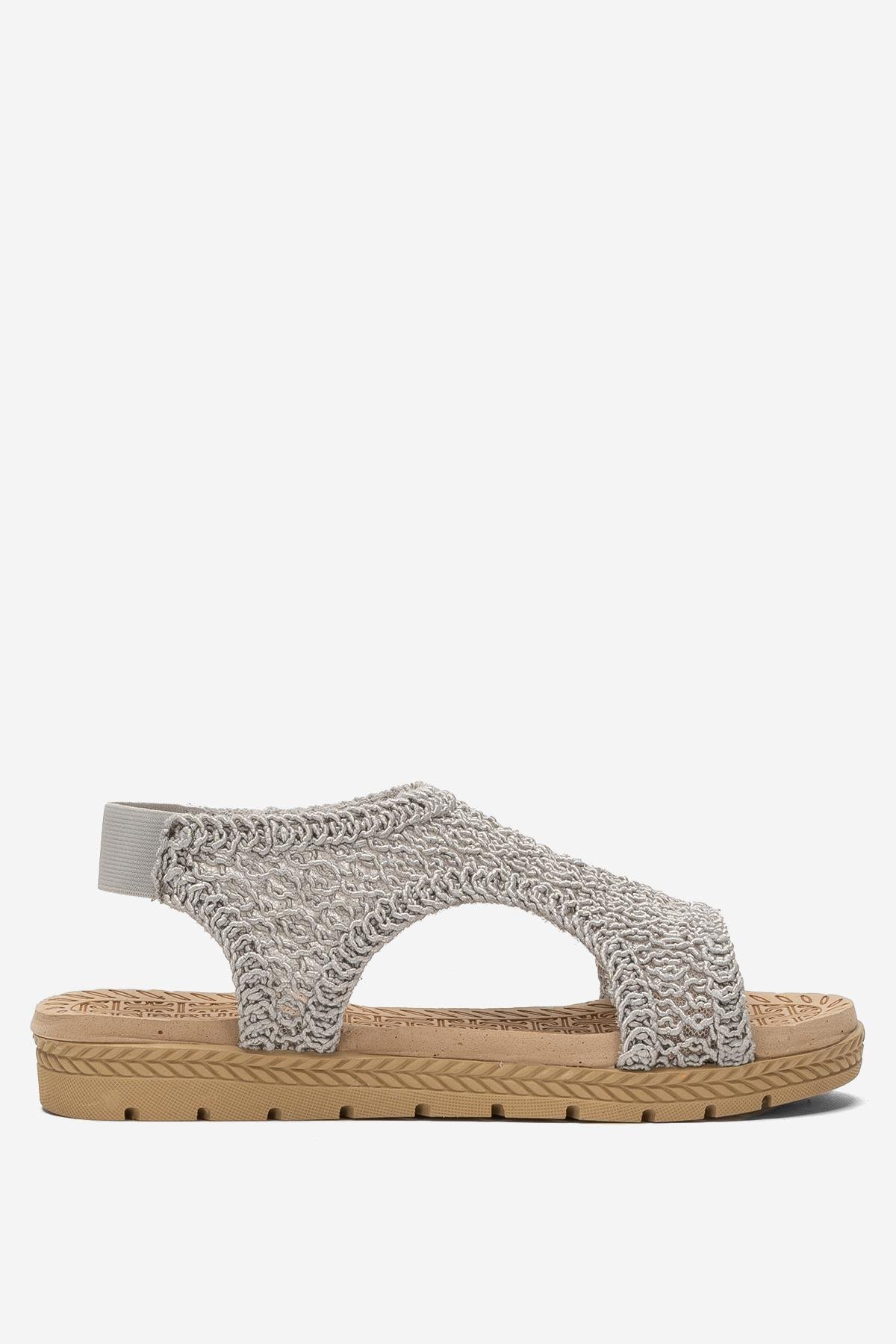 Kadın Önü Açık Örgü Desenli Lastikli Sandalet GRİ - Görsel 2