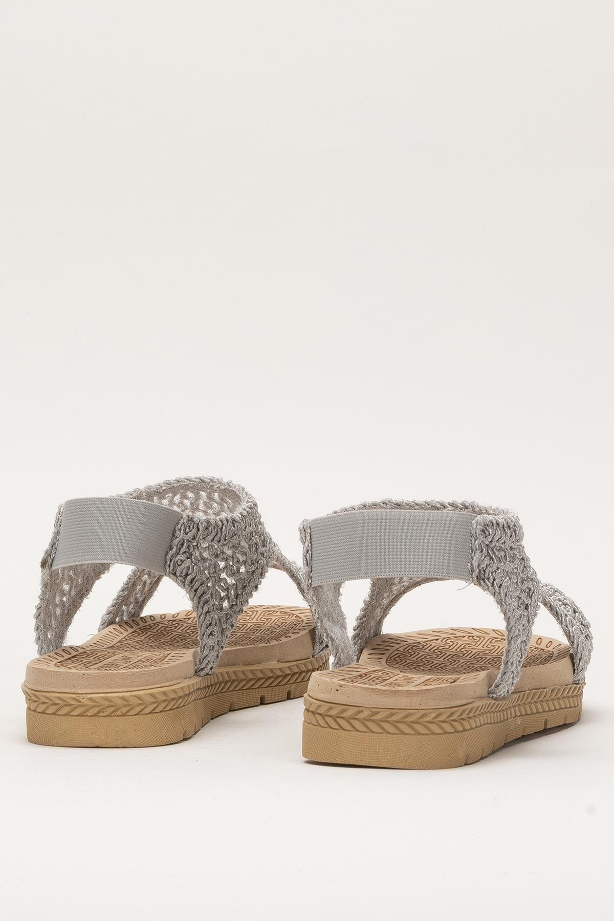 Kadın Önü Açık Örgü Desenli Lastikli Sandalet GRİ - Görsel 5