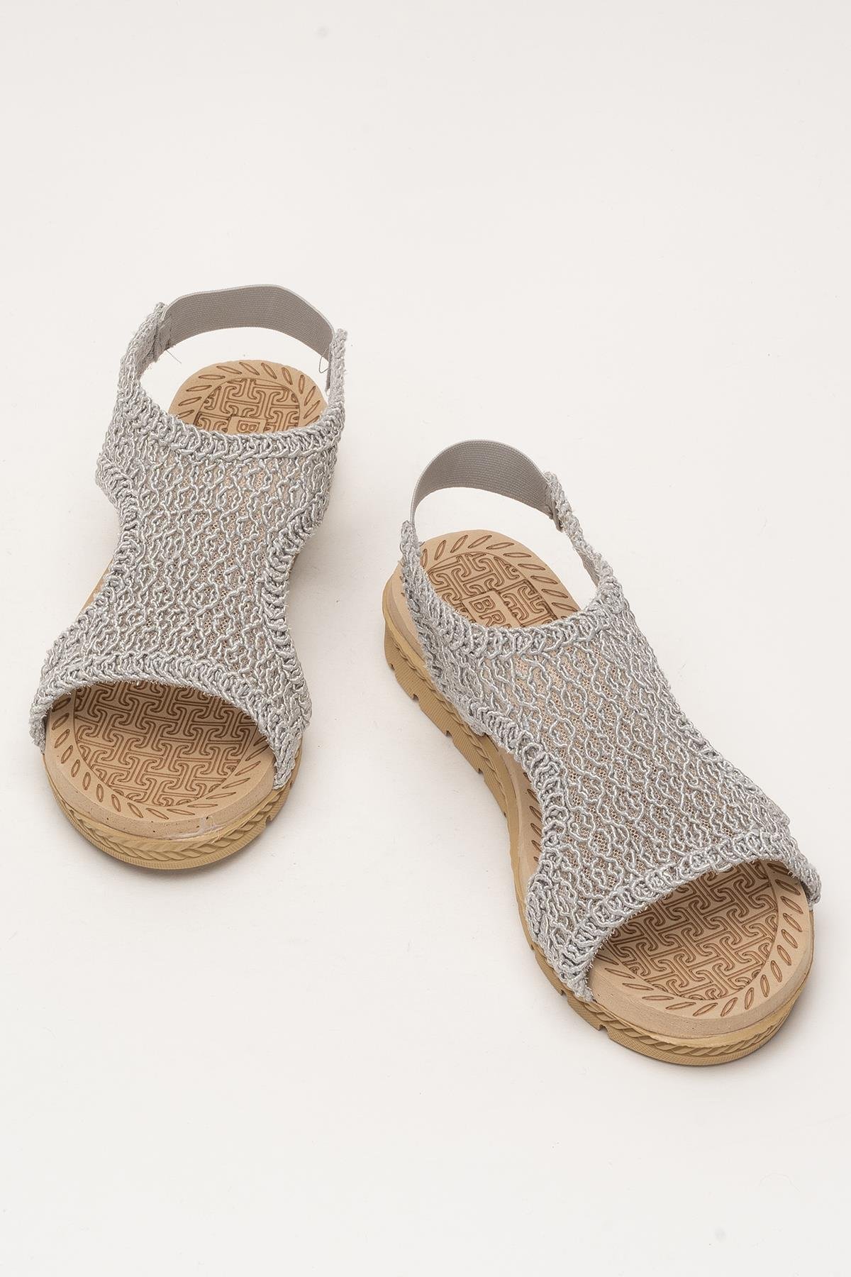 Kadın Önü Açık Örgü Desenli Lastikli Sandalet GRİ - Görsel 7