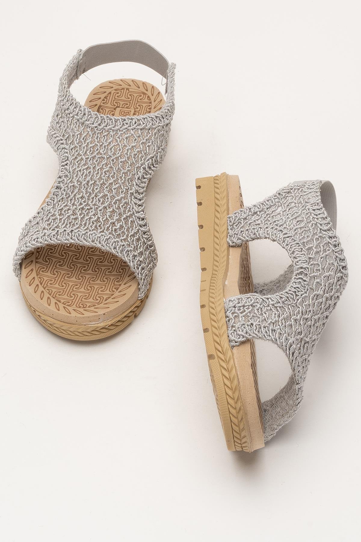 Kadın Önü Açık Örgü Desenli Lastikli Sandalet GRİ - Görsel 8