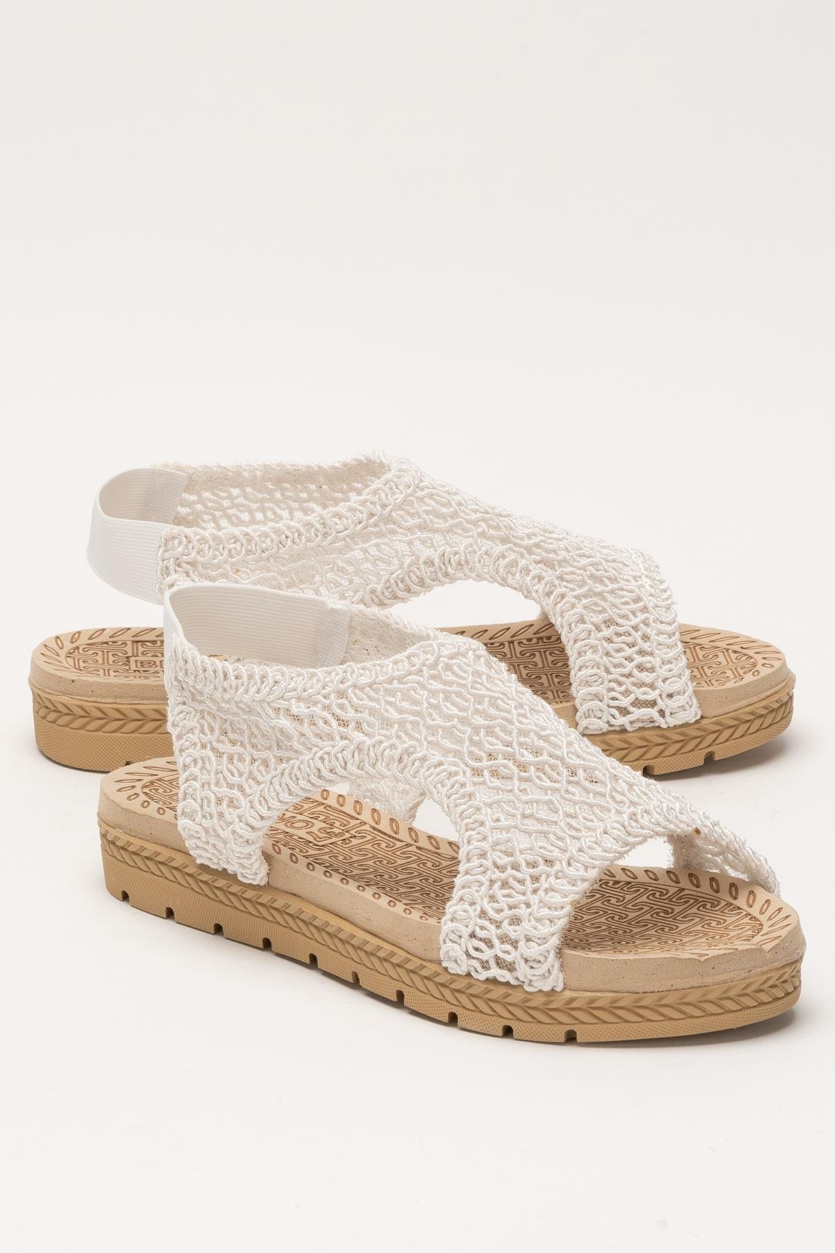 Kadın Önü Açık Örgü Desenli Lastikli Sandalet BEYAZ - Görsel 3