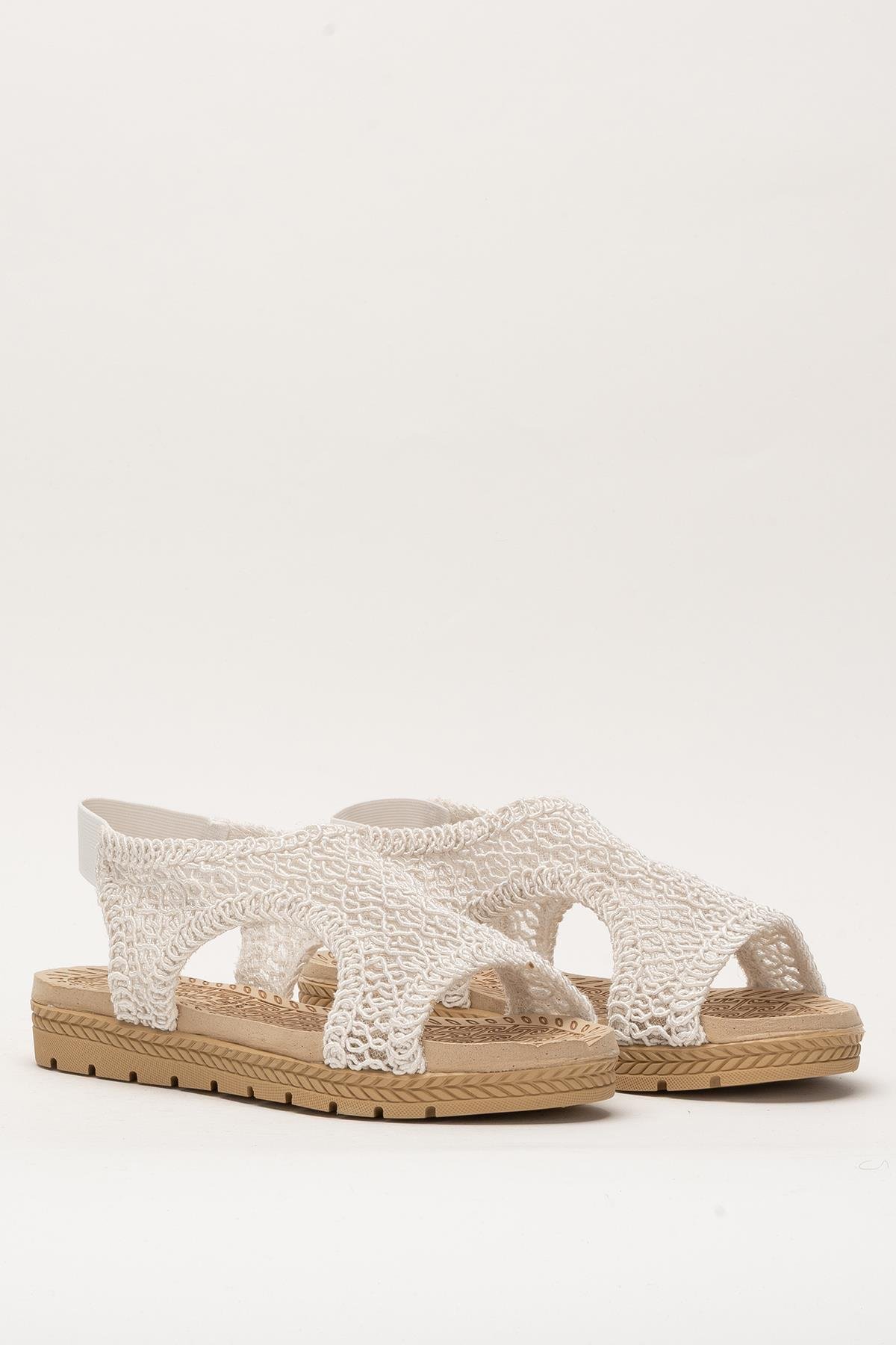 Kadın Önü Açık Örgü Desenli Lastikli Sandalet BEYAZ - Görsel 4