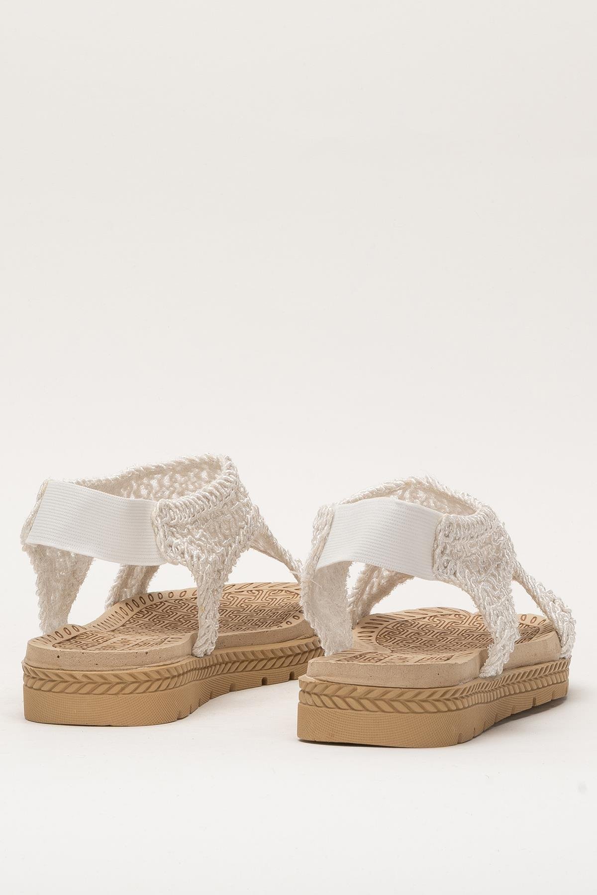 Kadın Önü Açık Örgü Desenli Lastikli Sandalet BEYAZ - Görsel 5
