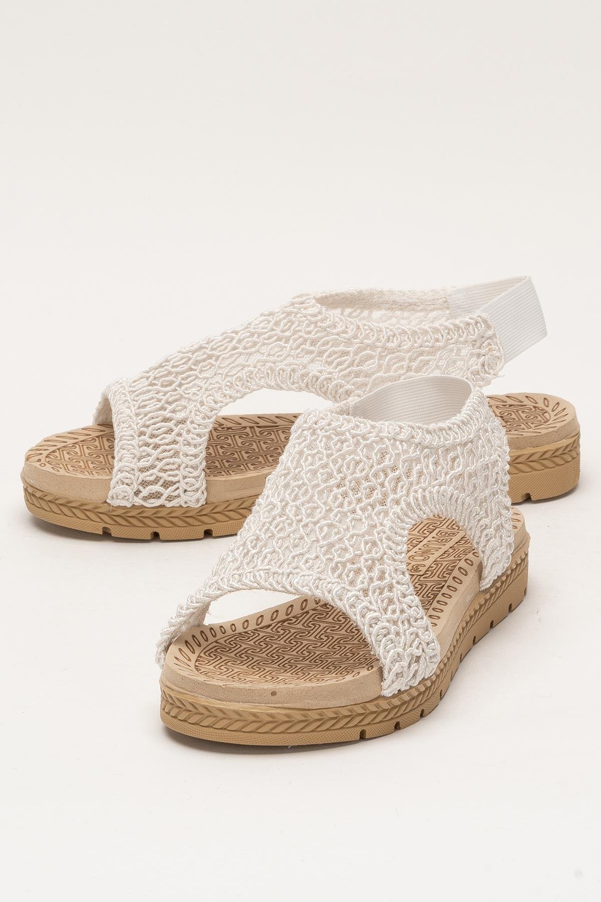Kadın Önü Açık Örgü Desenli Lastikli Sandalet BEYAZ - Görsel 6