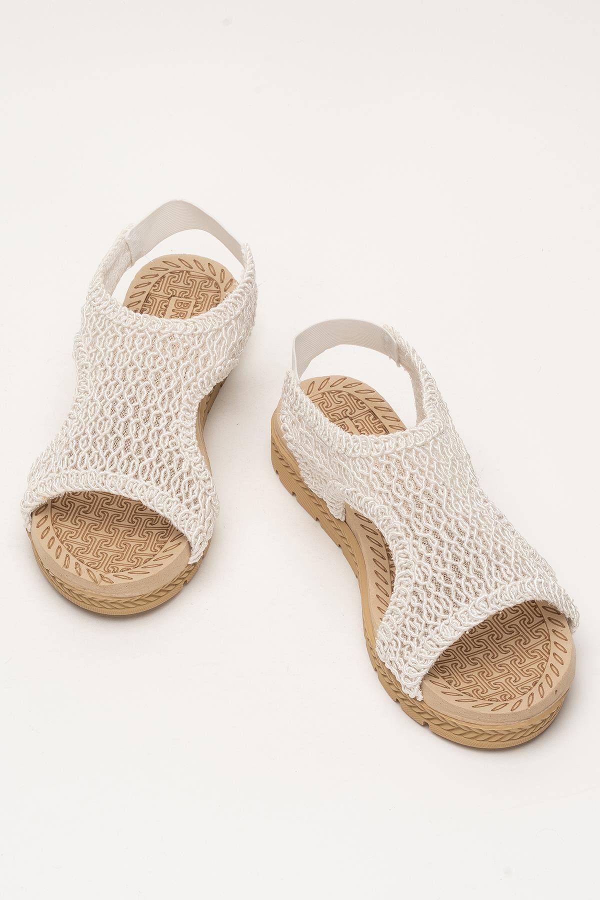 Kadın Önü Açık Örgü Desenli Lastikli Sandalet BEYAZ - Görsel 7