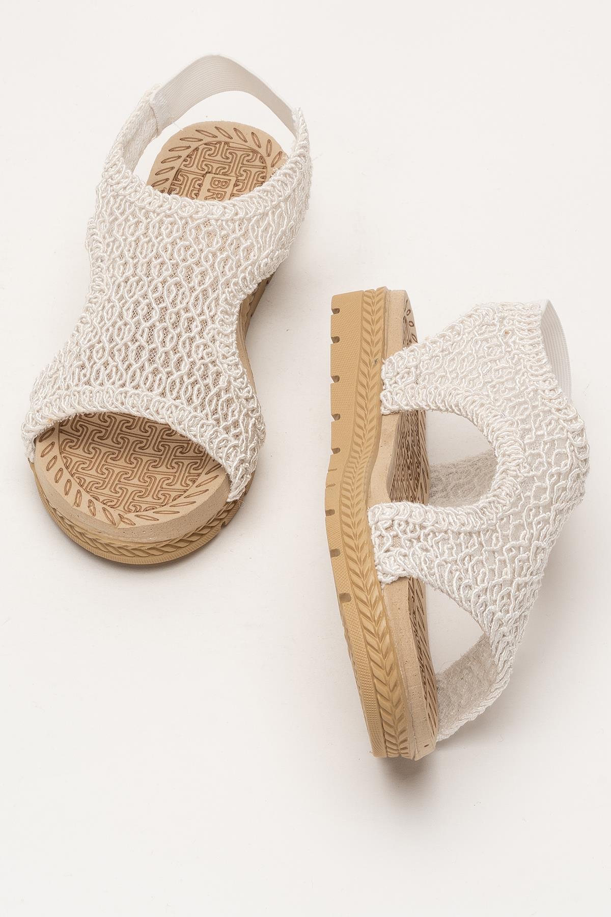 Kadın Önü Açık Örgü Desenli Lastikli Sandalet BEYAZ - Görsel 8