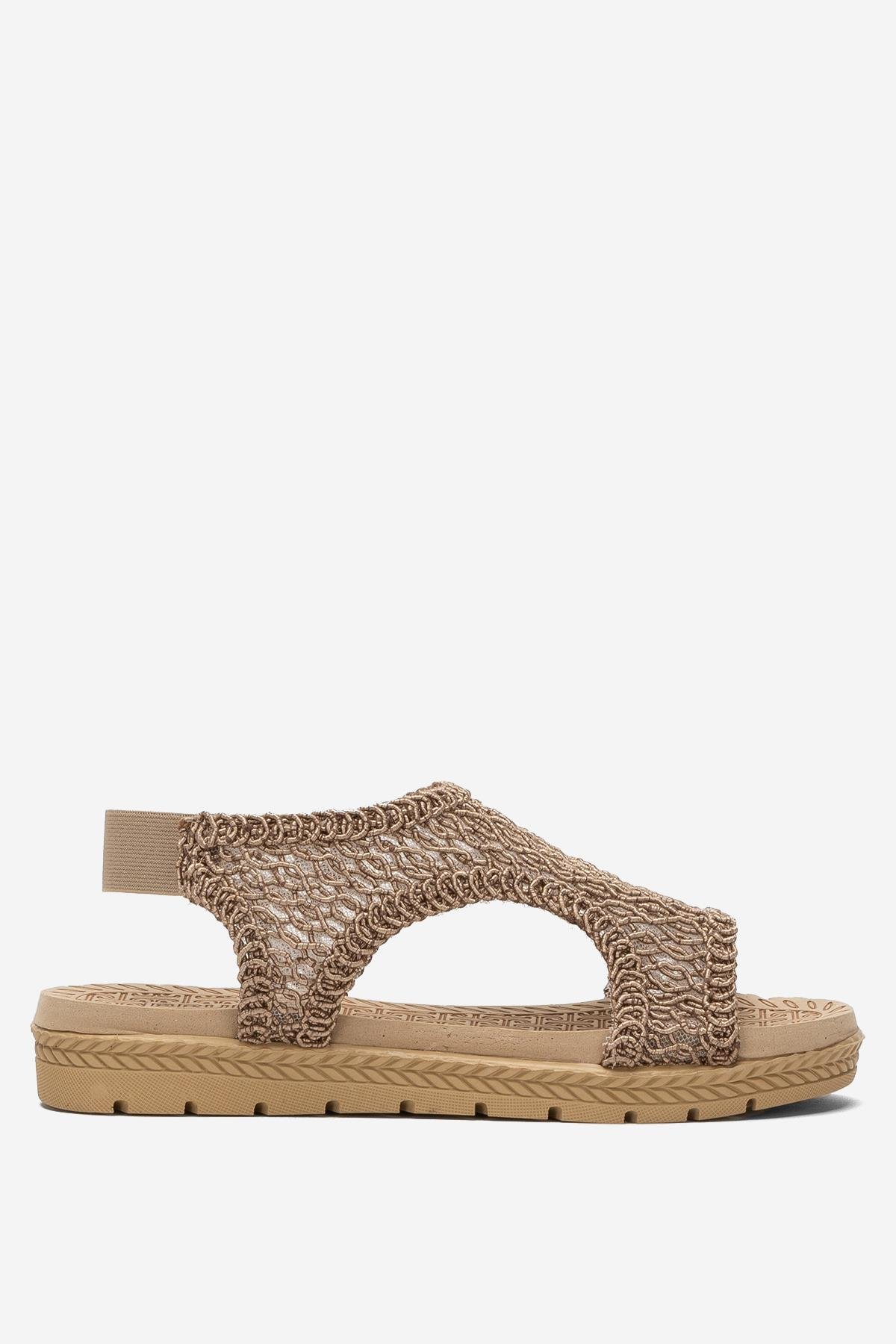 Kadın Önü Açık Örgü Desenli Lastikli Sandalet VİZON - Görsel 2