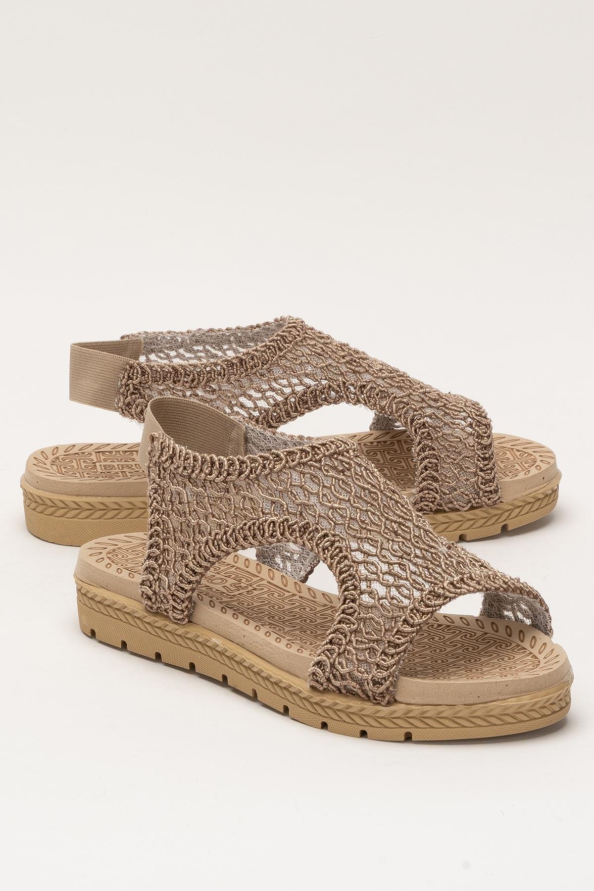 Kadın Önü Açık Örgü Desenli Lastikli Sandalet VİZON - Görsel 3