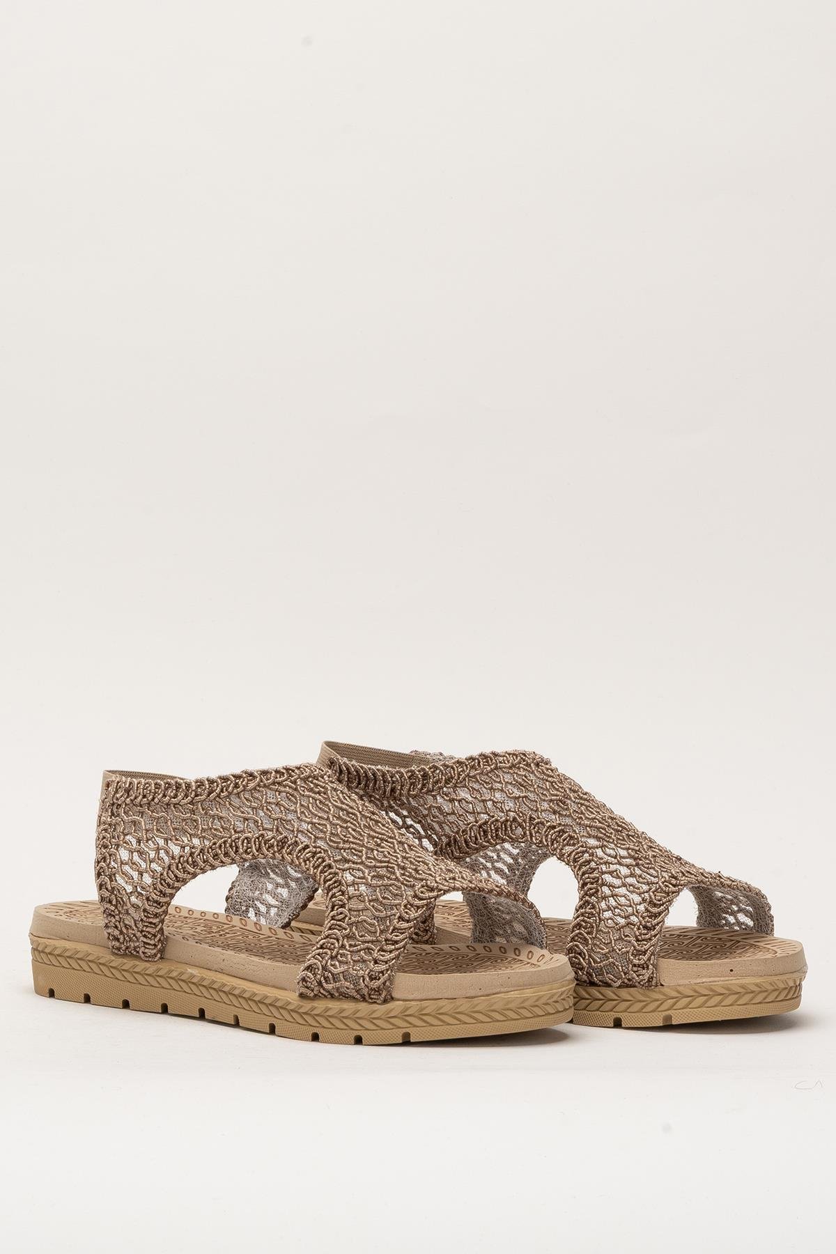 Kadın Önü Açık Örgü Desenli Lastikli Sandalet VİZON - Görsel 4