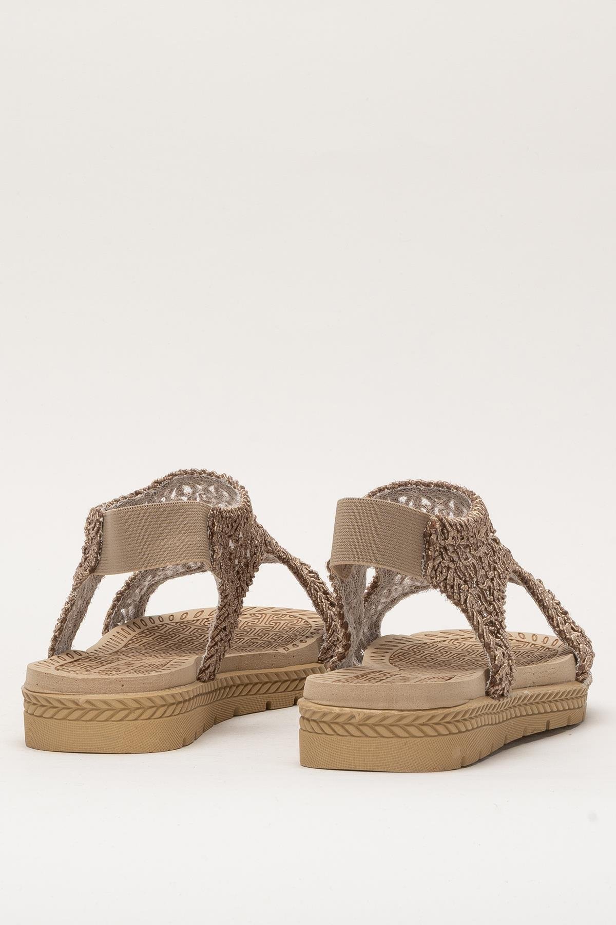 Kadın Önü Açık Örgü Desenli Lastikli Sandalet VİZON - Görsel 5