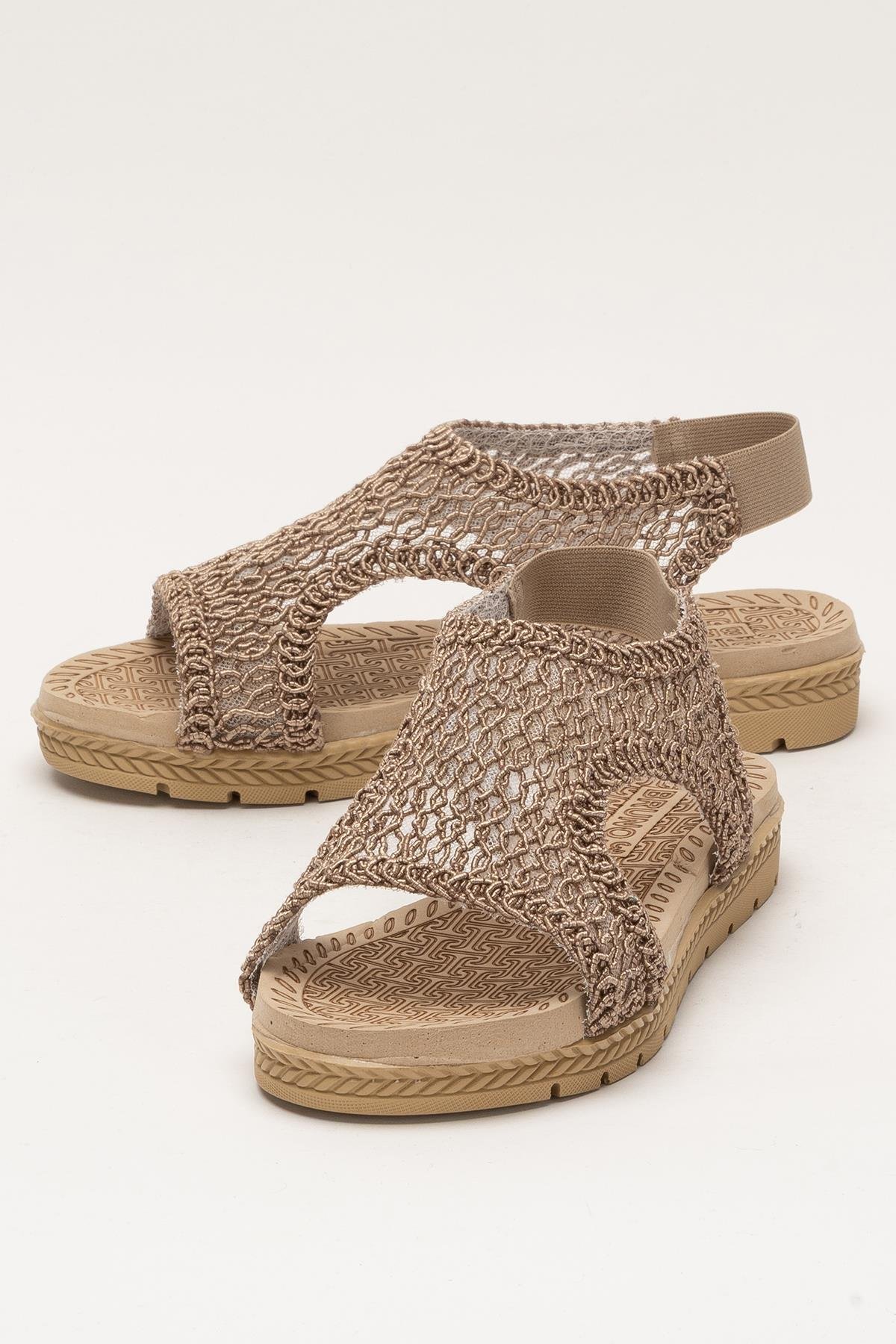 Kadın Önü Açık Örgü Desenli Lastikli Sandalet VİZON - Görsel 6