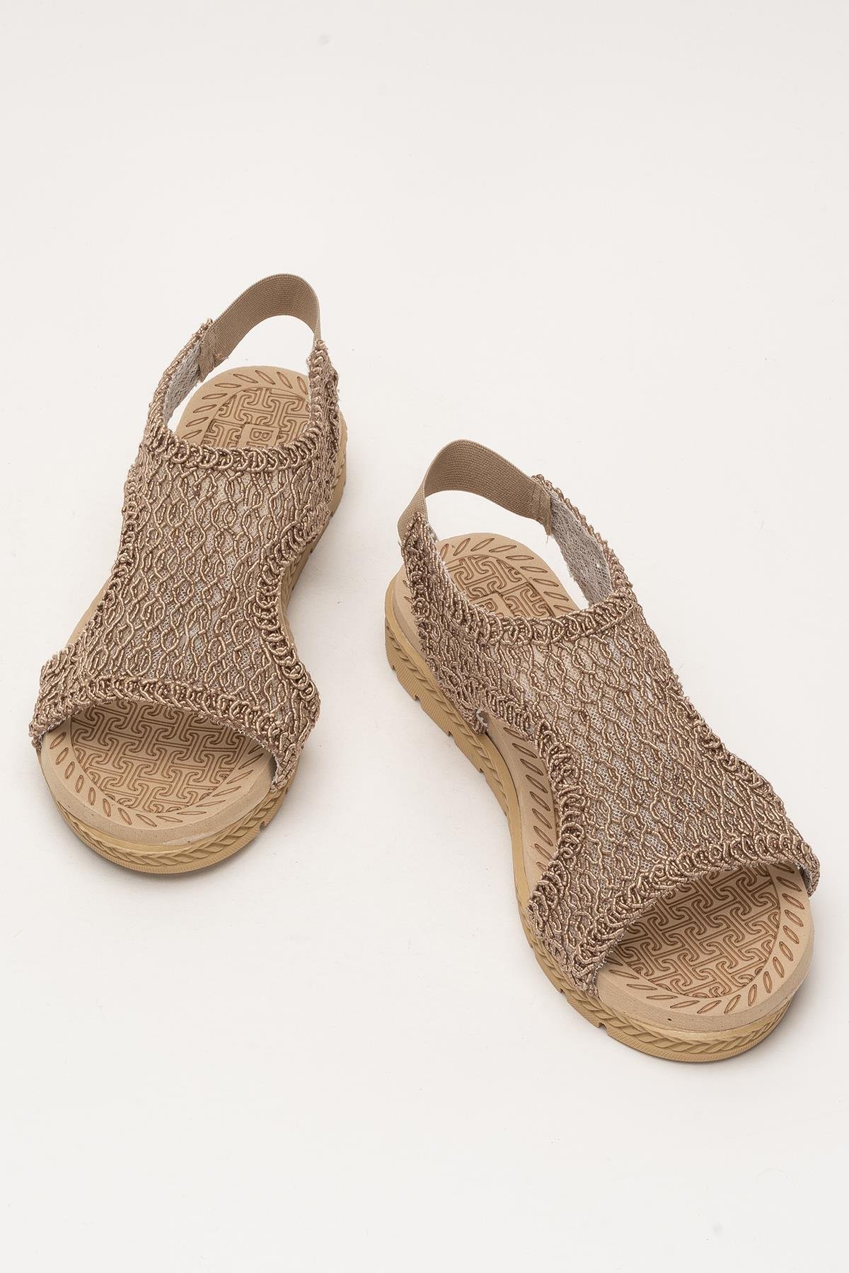 Kadın Önü Açık Örgü Desenli Lastikli Sandalet VİZON - Görsel 7