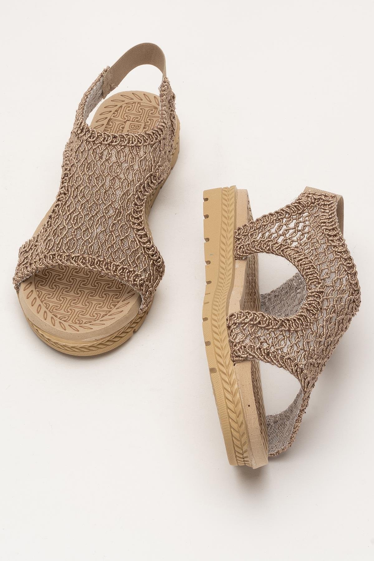 Kadın Önü Açık Örgü Desenli Lastikli Sandalet VİZON - Görsel 8