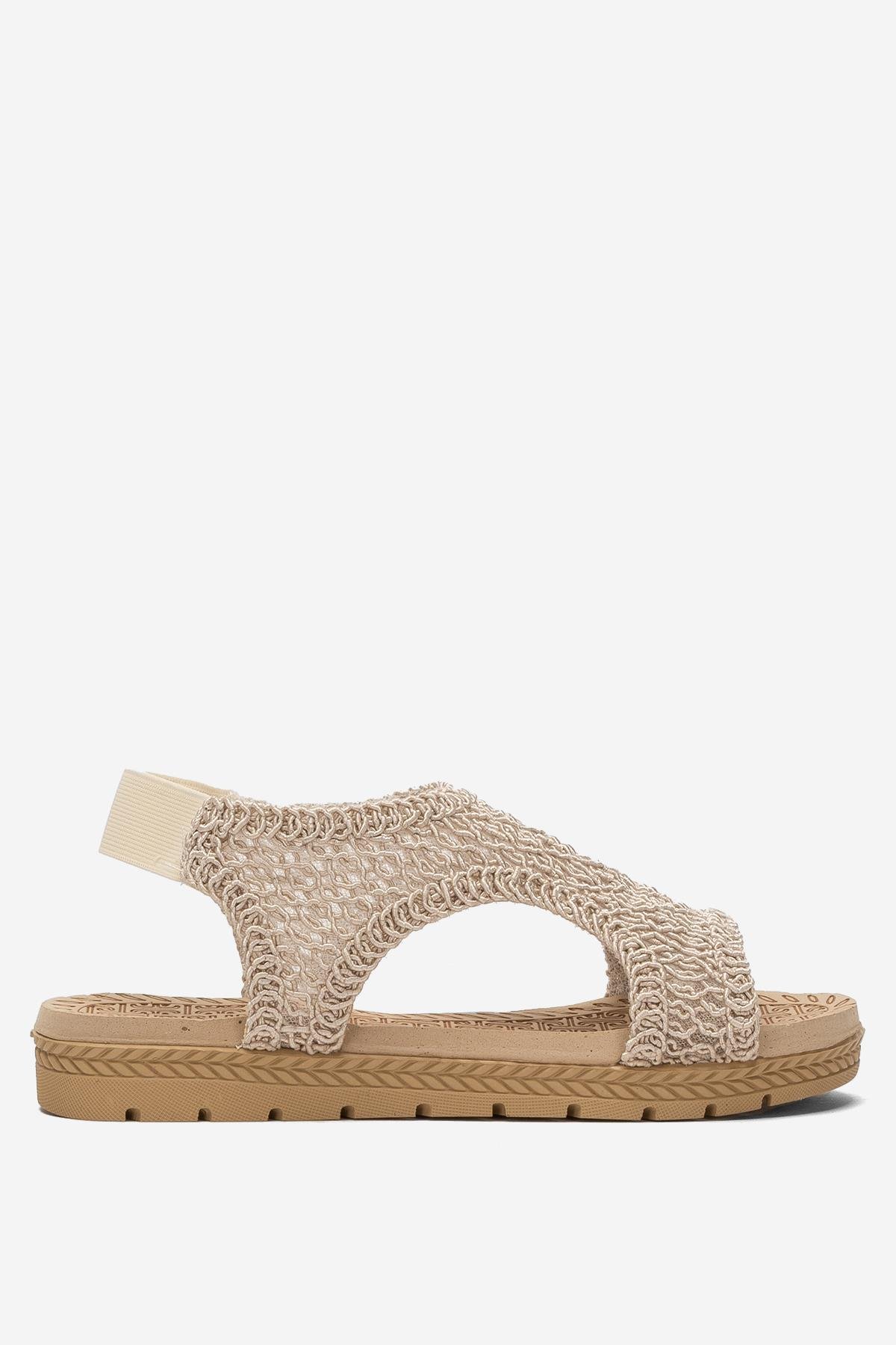 Kadın Önü Açık Örgü Desenli Lastikli Sandalet BEJ - Görsel 2
