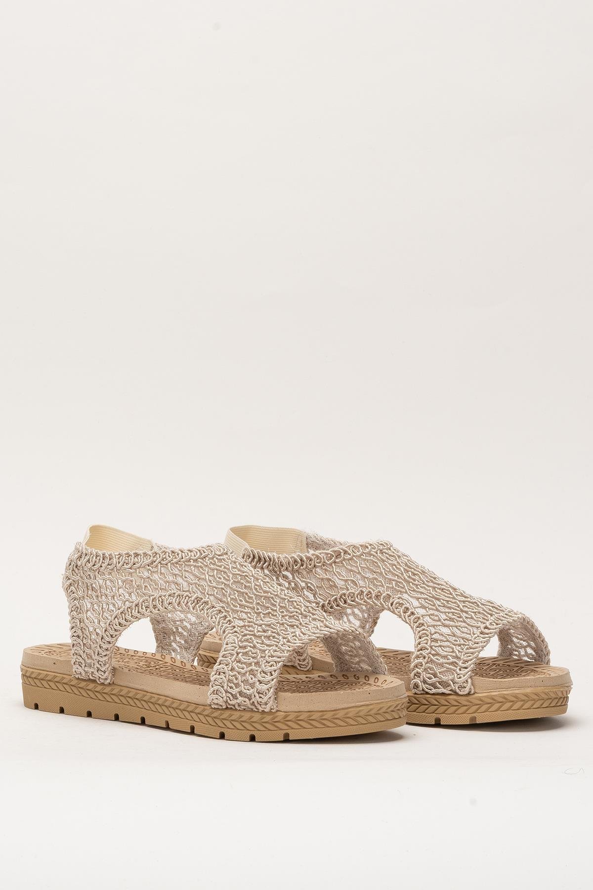 Kadın Önü Açık Örgü Desenli Lastikli Sandalet BEJ - Görsel 4