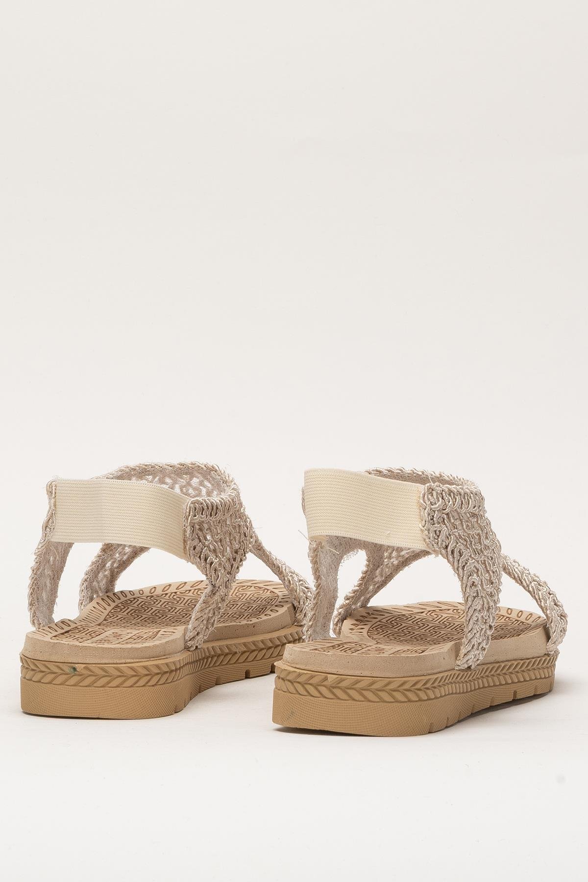 Kadın Önü Açık Örgü Desenli Lastikli Sandalet BEJ - Görsel 5