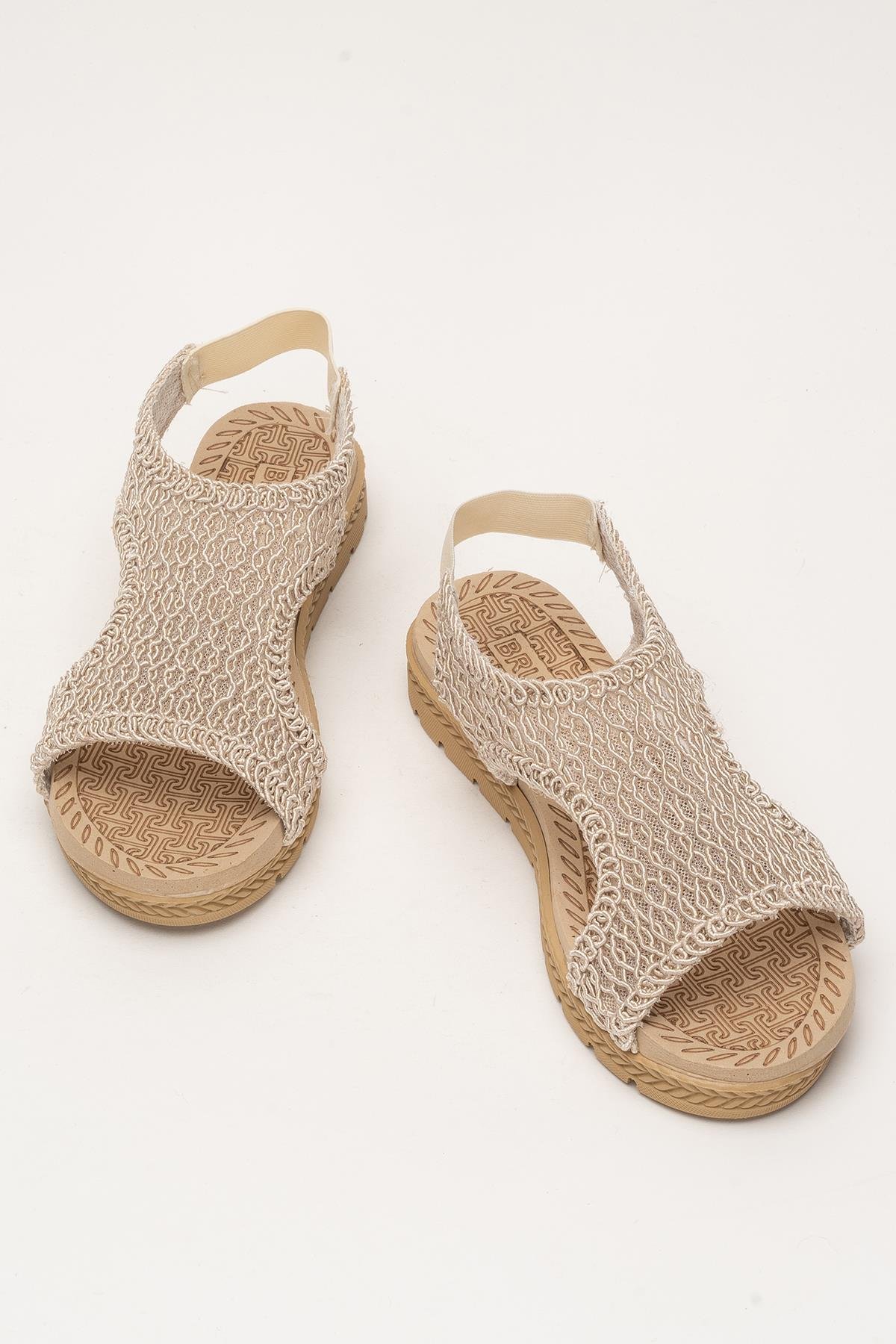 Kadın Önü Açık Örgü Desenli Lastikli Sandalet BEJ - Görsel 7
