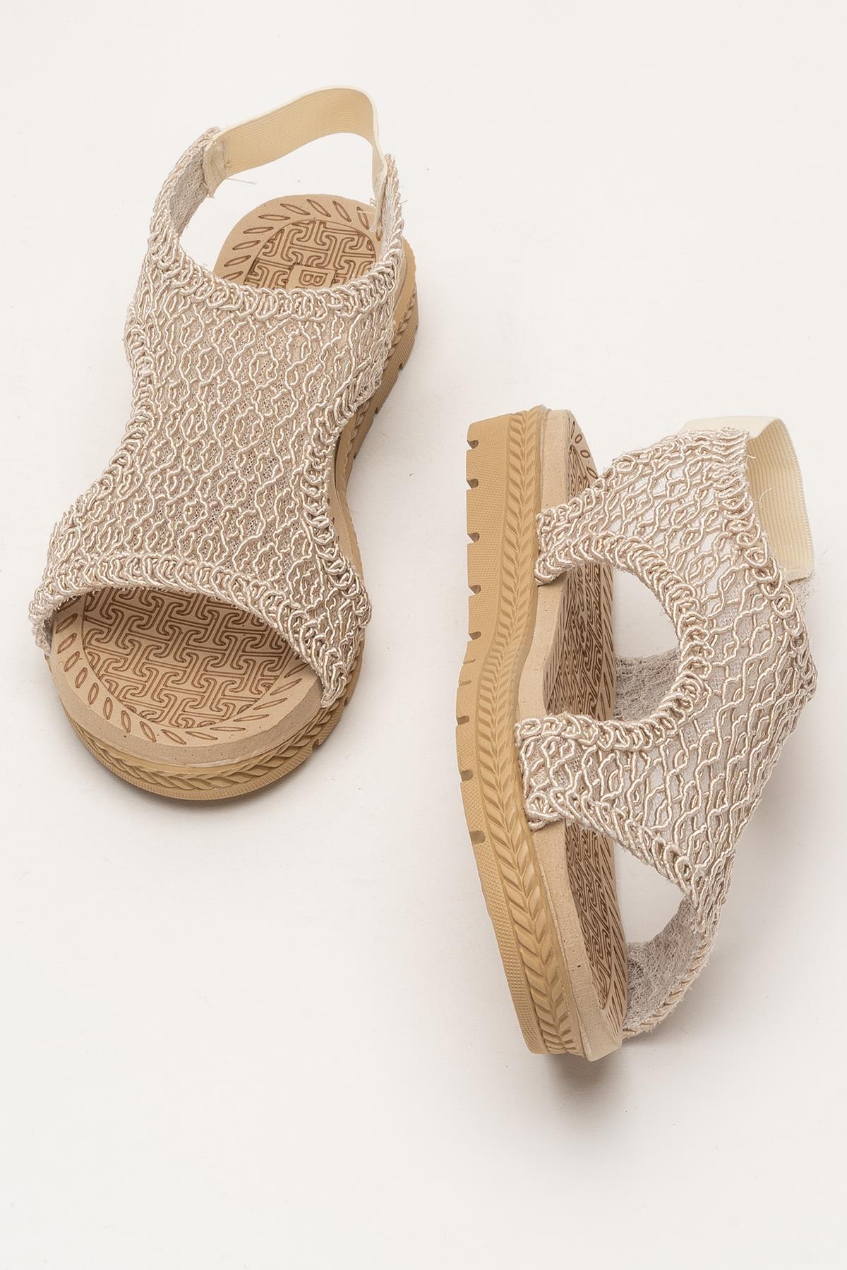 Kadın Önü Açık Örgü Desenli Lastikli Sandalet BEJ - Görsel 8