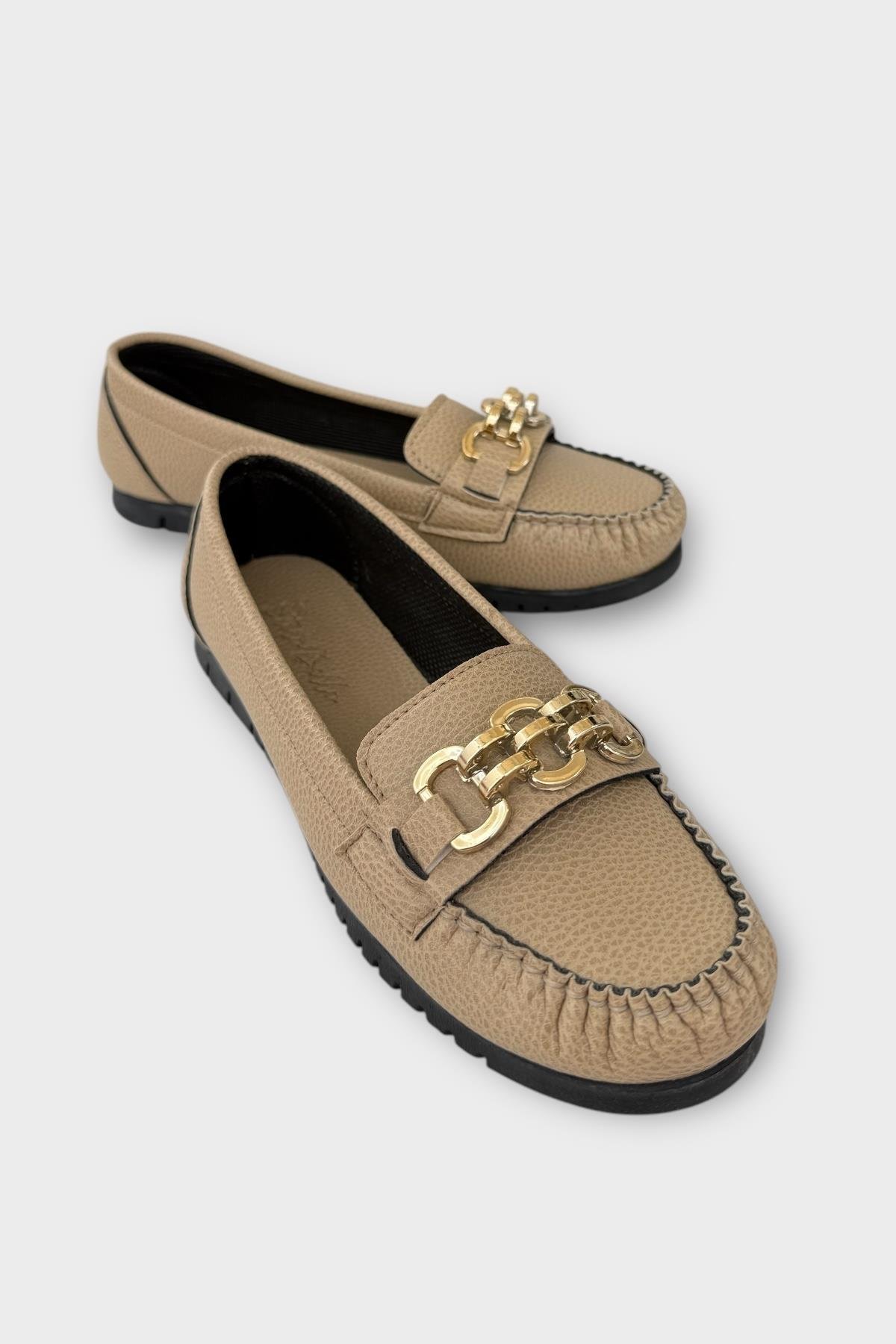 Kadın Tokalı Yumuşak Babet Ayakkabı BEJ - Görsel 3