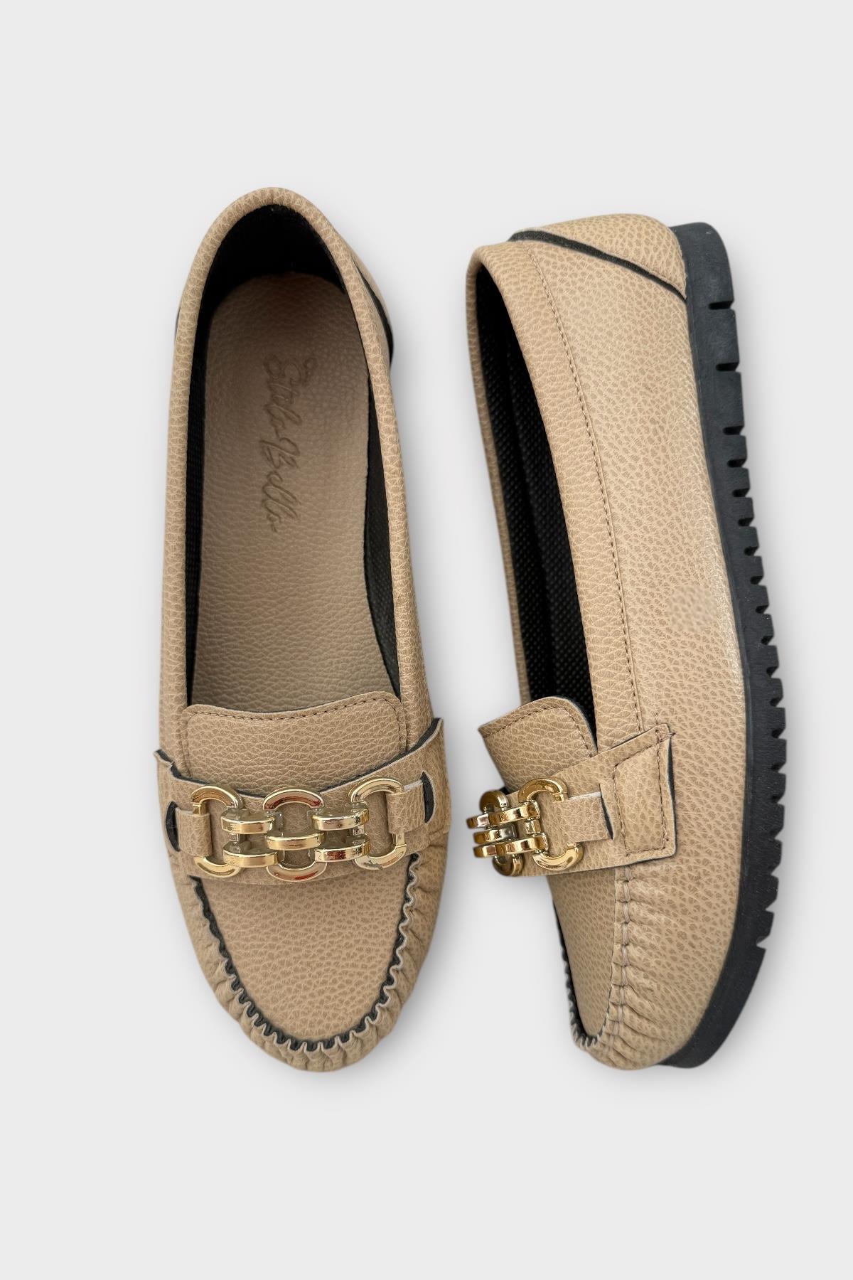 Kadın Tokalı Yumuşak Babet Ayakkabı BEJ - Görsel 7