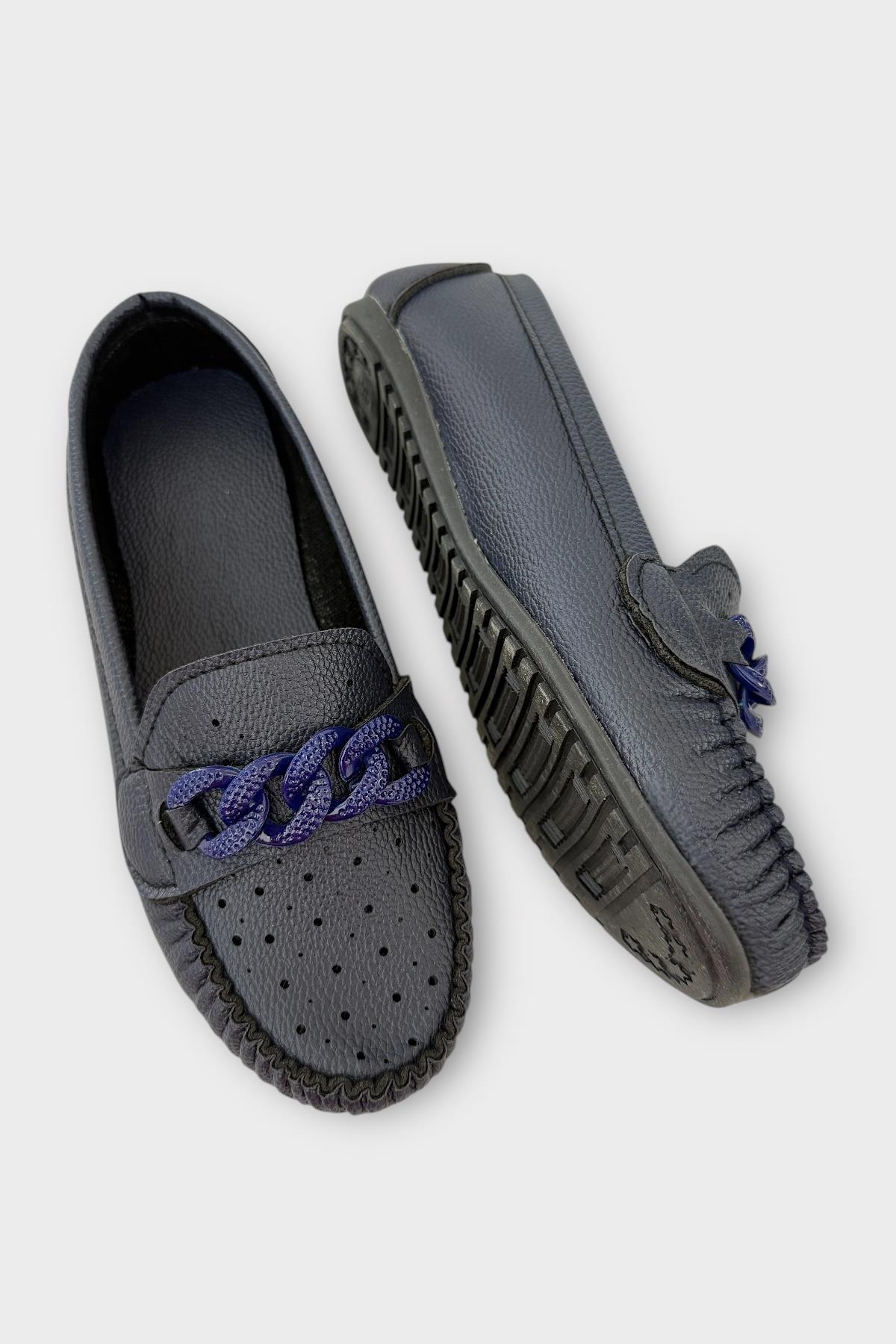 Kadın Tokalı Yumuşak Babet Ayakkabı LACİVERT - Görsel 4