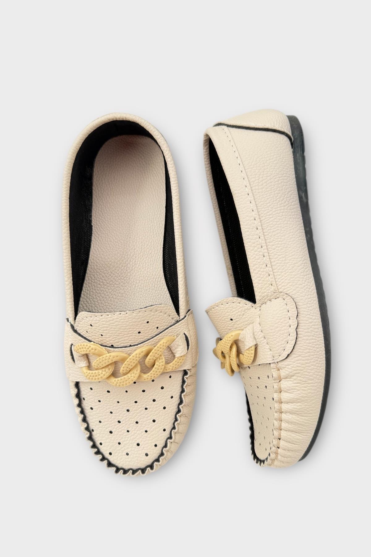 Kadın Tokalı Yumuşak Babet Ayakkabı BEJ - Görsel 7