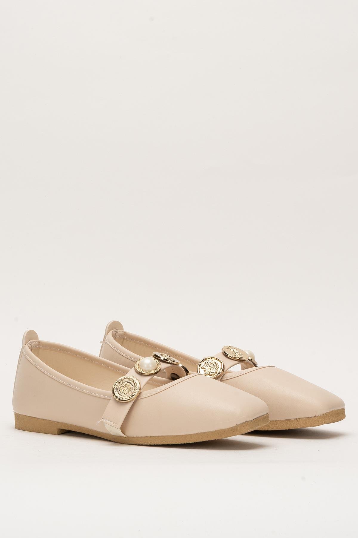 Kadın İnci ve Mühür Aksesuar Bantlı Babet KREM - Görsel 4