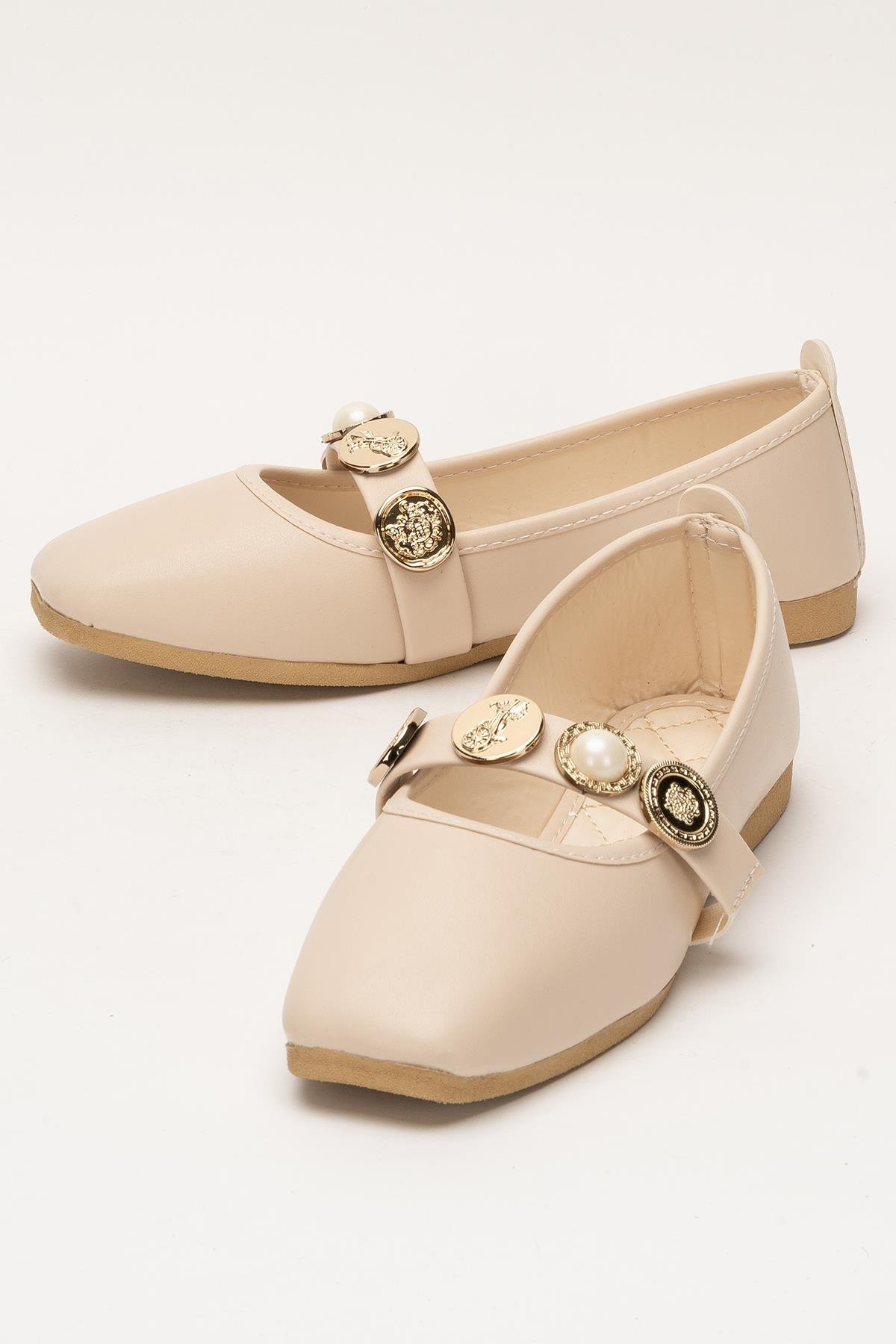 Kadın İnci ve Mühür Aksesuar Bantlı Babet KREM - Görsel 6